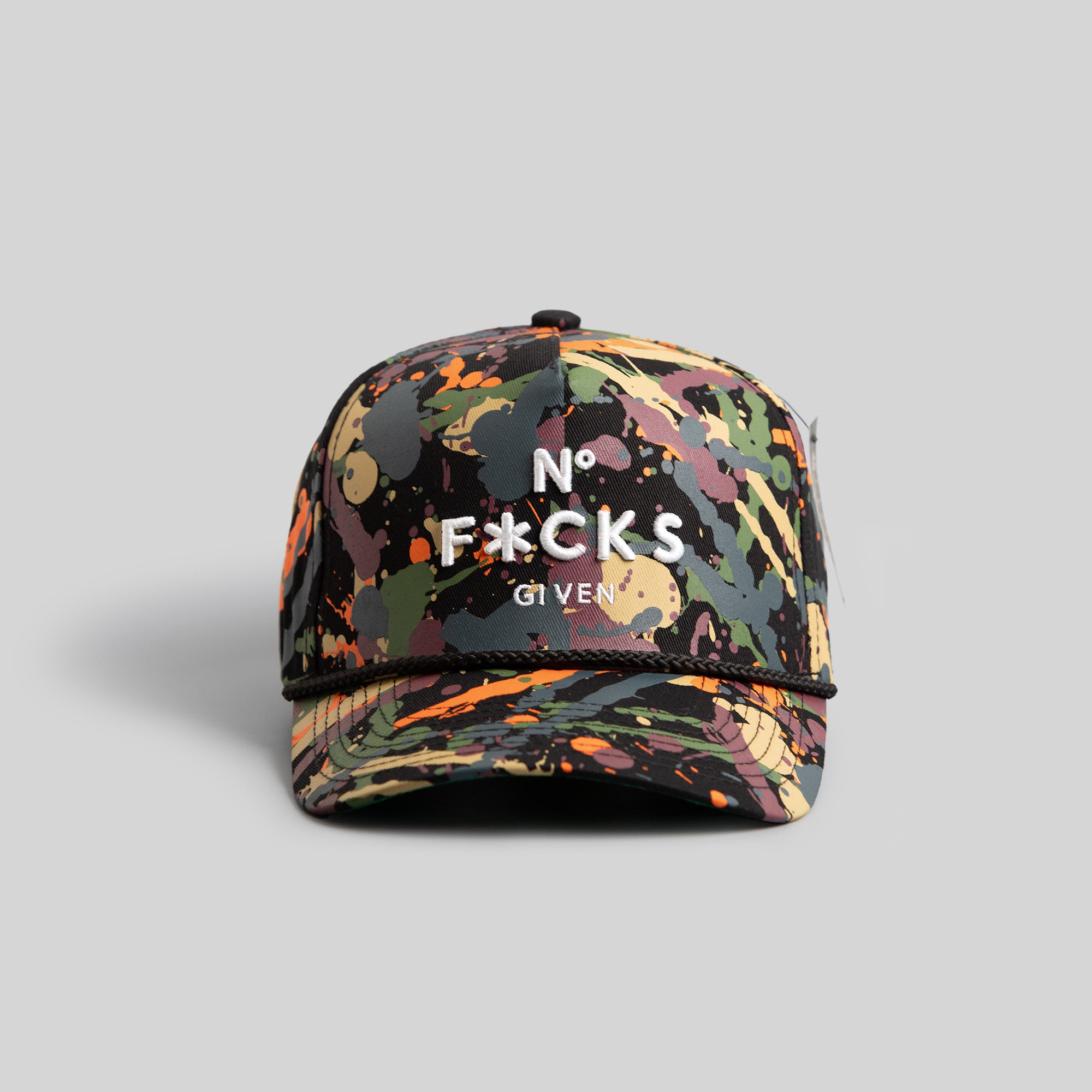 NO F*CKS GIVEN BLACK SPLATTER TRUCKER HAT