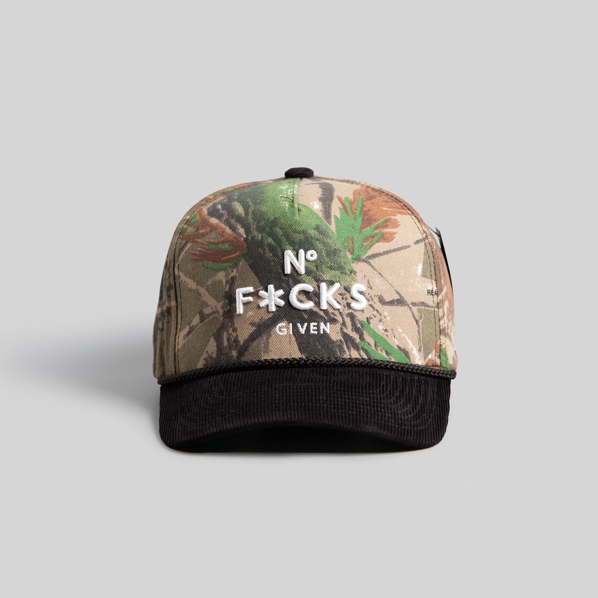 NO F*CKS GIVEN CAMO/BLACK TRUCKER HAT