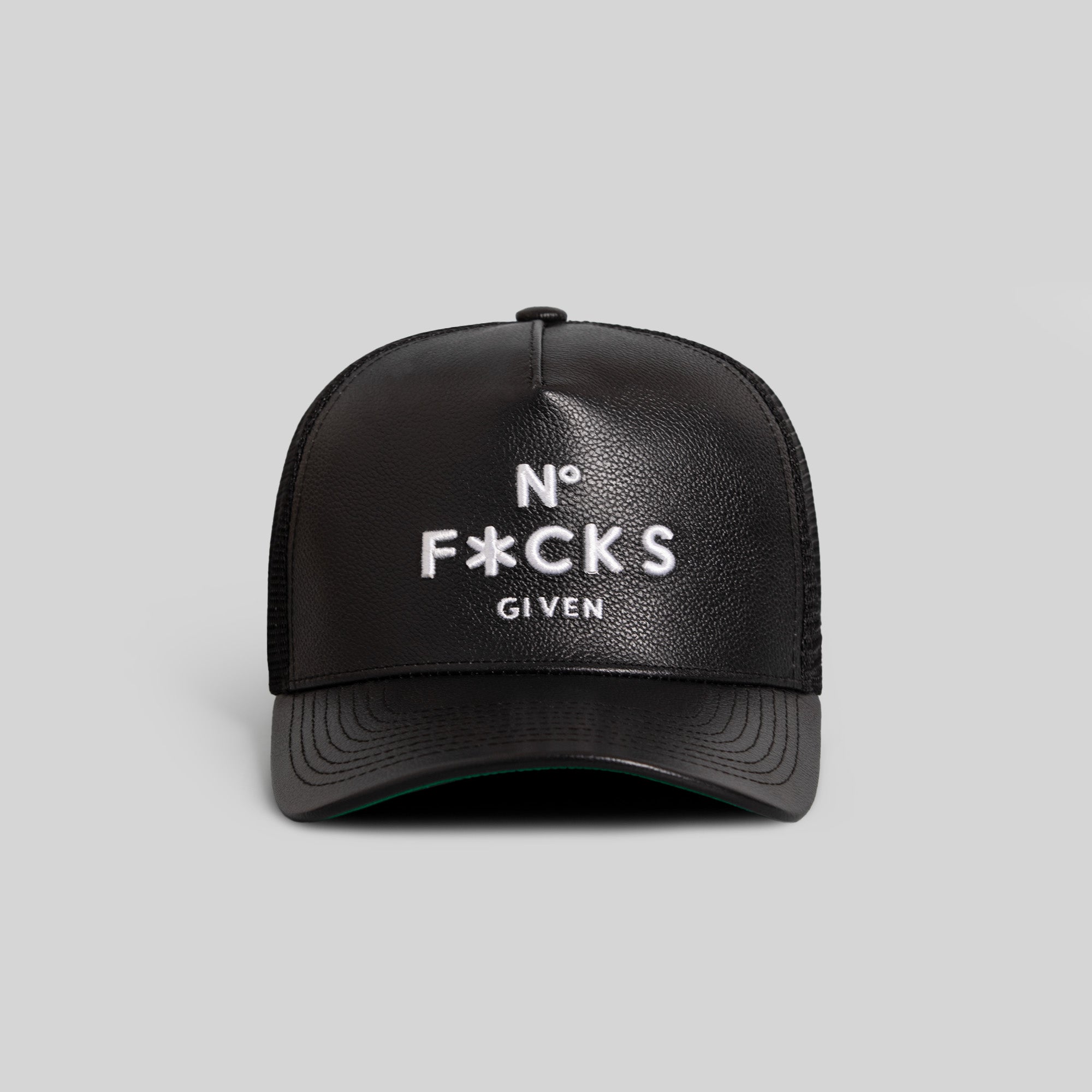 NO F*CKS GIVEN BLACK CAVIAR LEATHER MESH TRUCKER