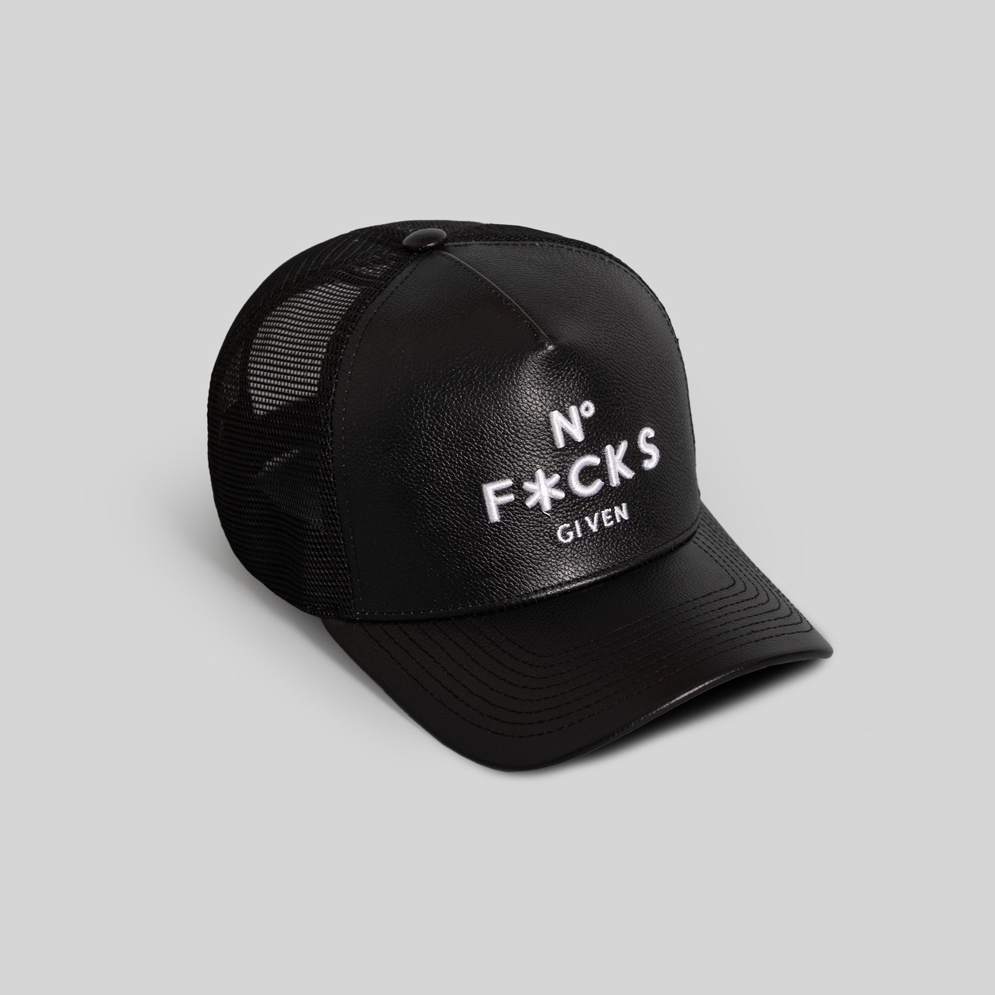 NO F*CKS GIVEN BLACK CAVIAR LEATHER MESH TRUCKER