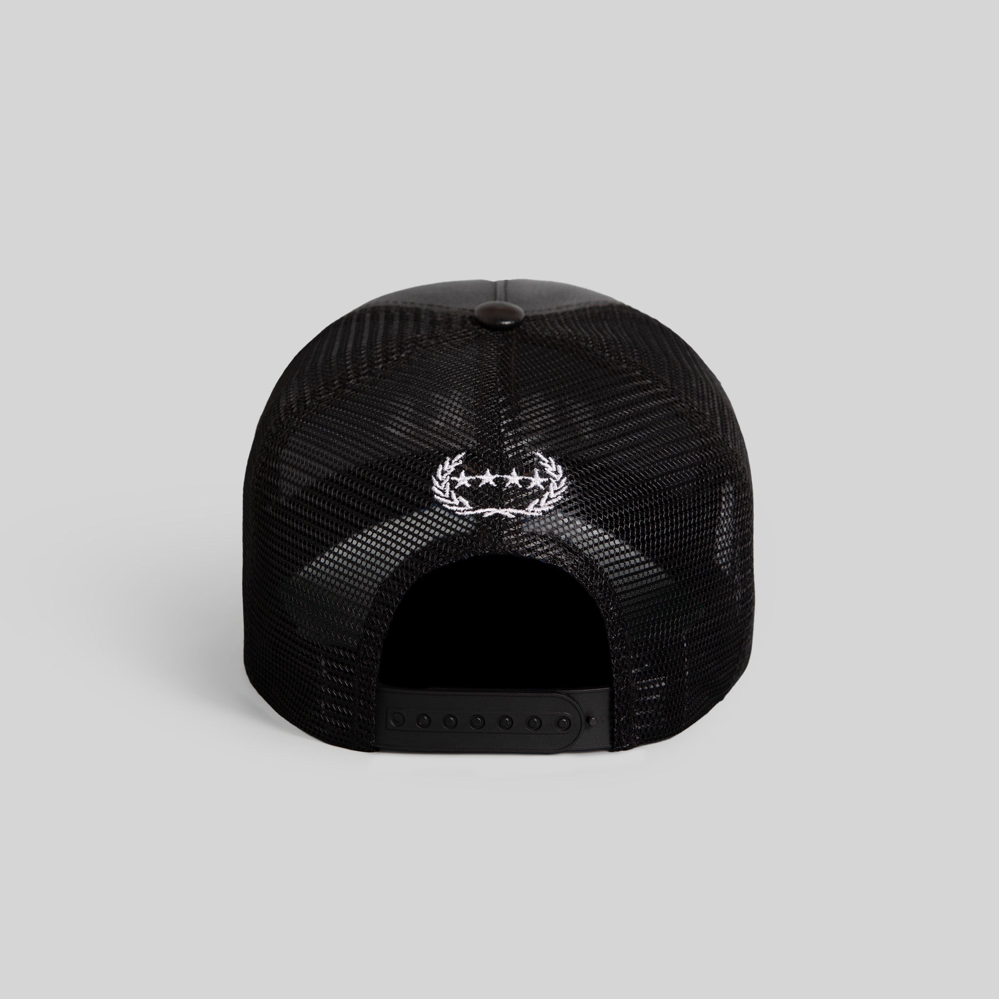 NO F*CKS GIVEN BLACK CAVIAR LEATHER MESH TRUCKER