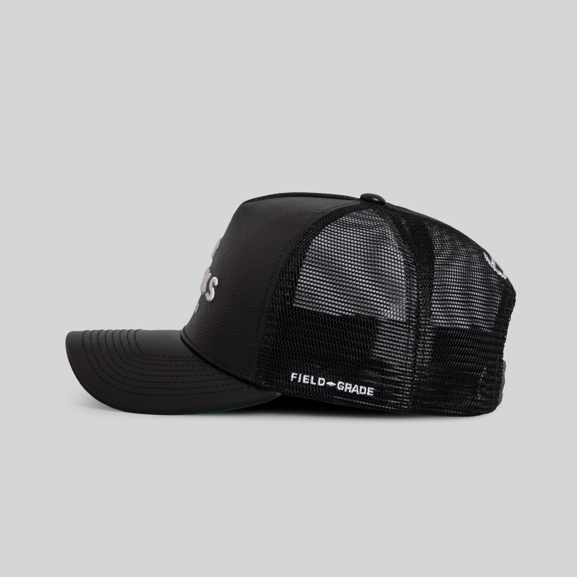 NO F*CKS GIVEN BLACK CAVIAR LEATHER MESH TRUCKER