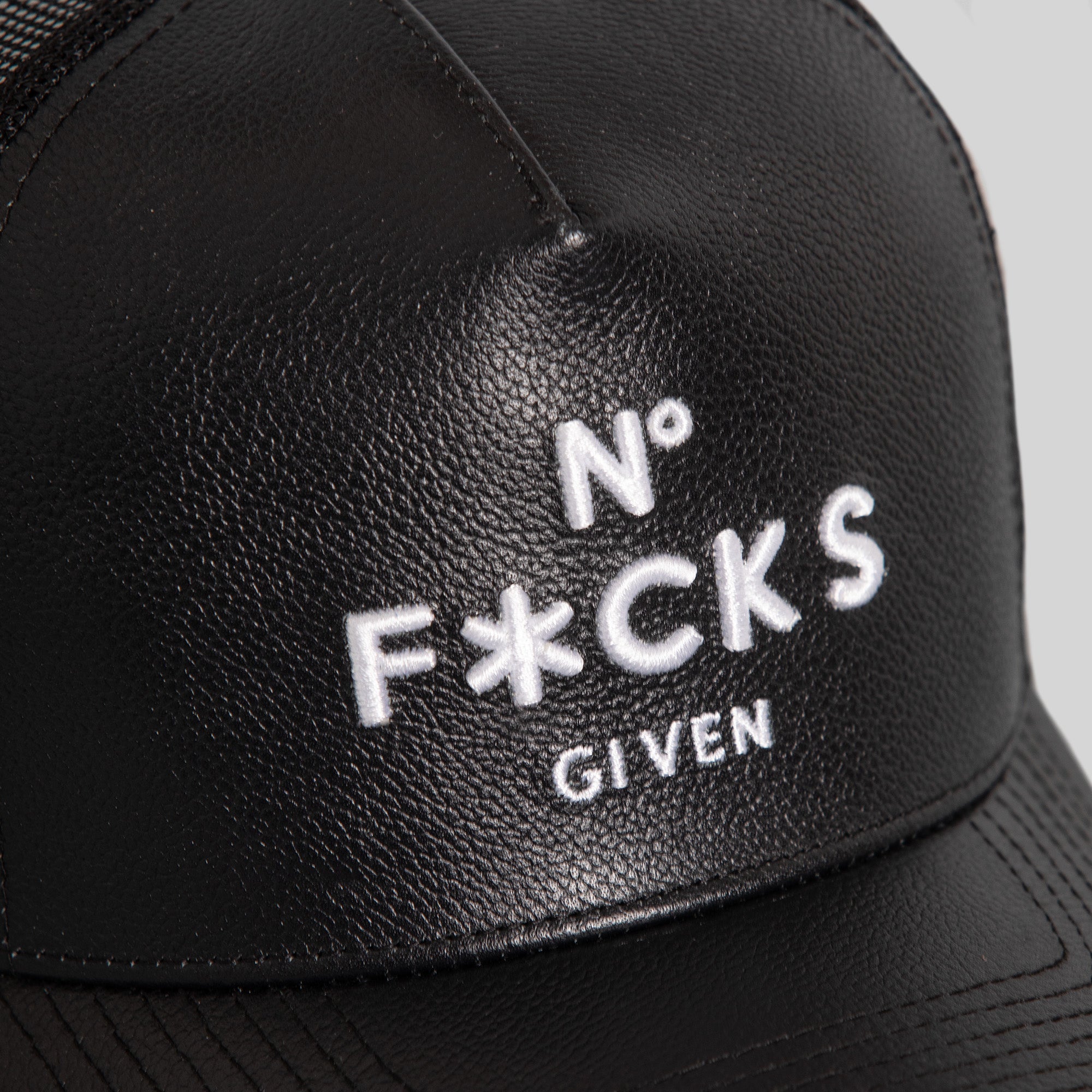 NO F*CKS GIVEN BLACK CAVIAR LEATHER MESH TRUCKER