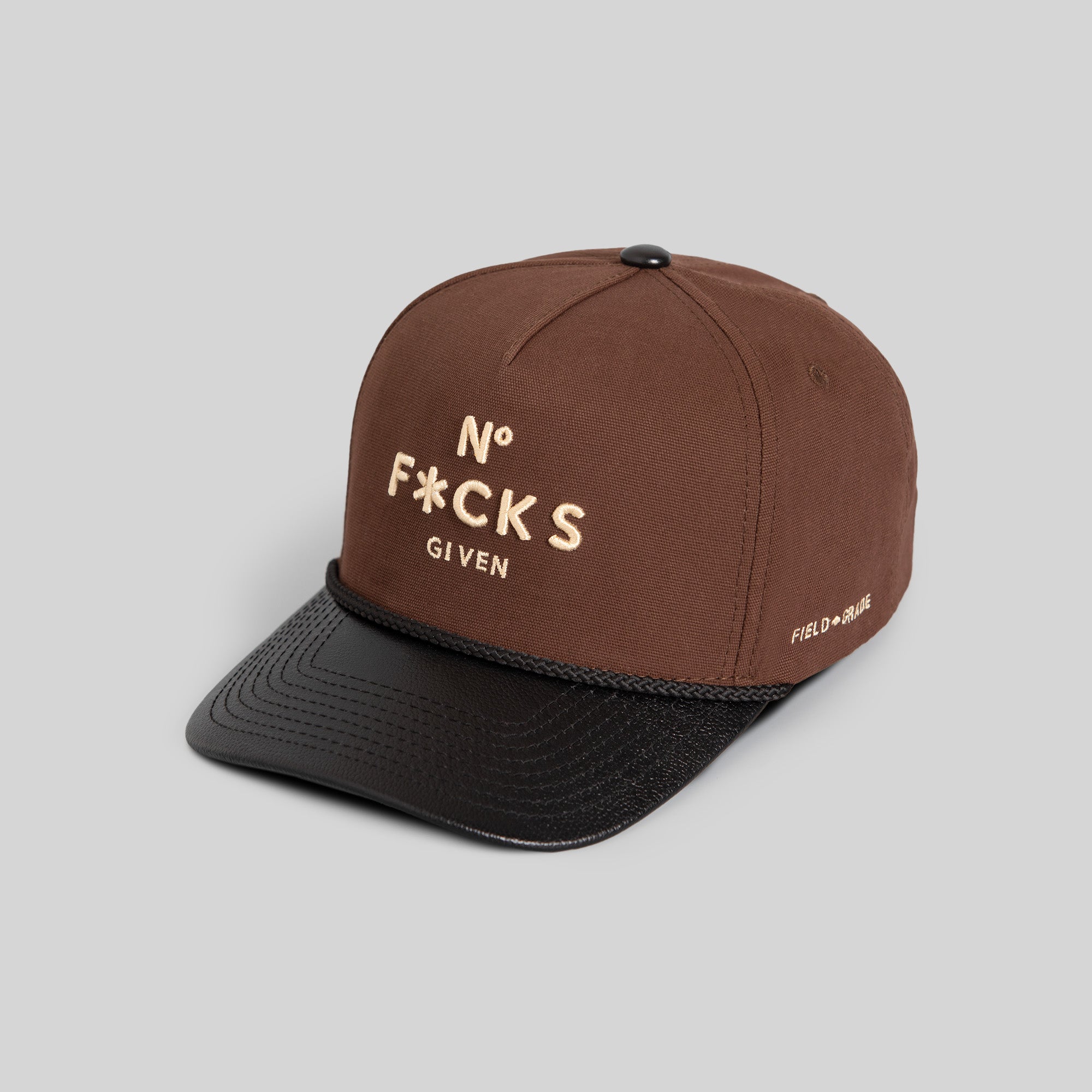 NO F*CKS GIVEN MOCHA BLACK DUCK CANVAS LEATHER TRUCKER HAT