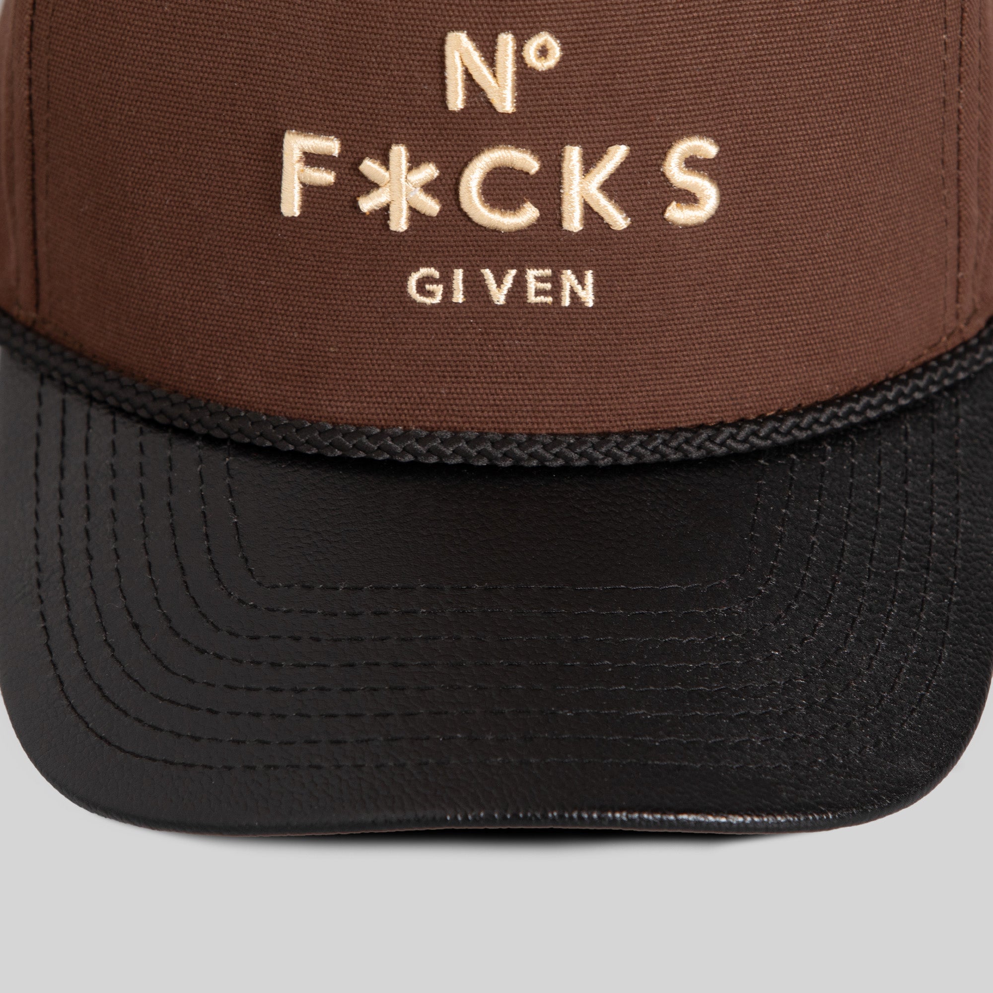 NO F*CKS GIVEN MOCHA BLACK DUCK CANVAS LEATHER TRUCKER HAT