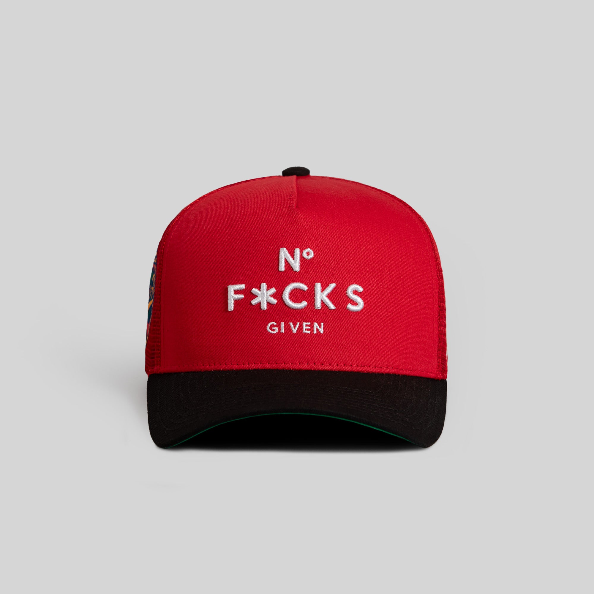 NO F*CKS GIVEN VARSITY RED BLACK TWILL MESH TRUCKER