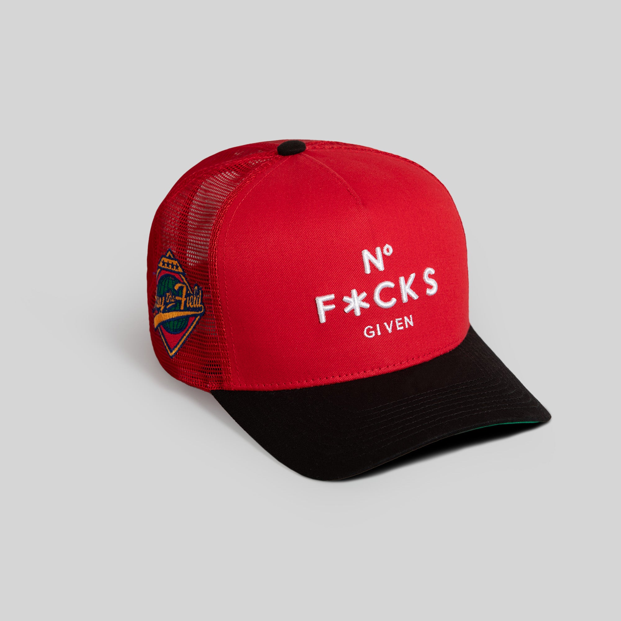 NO F*CKS GIVEN VARSITY RED BLACK TWILL MESH TRUCKER