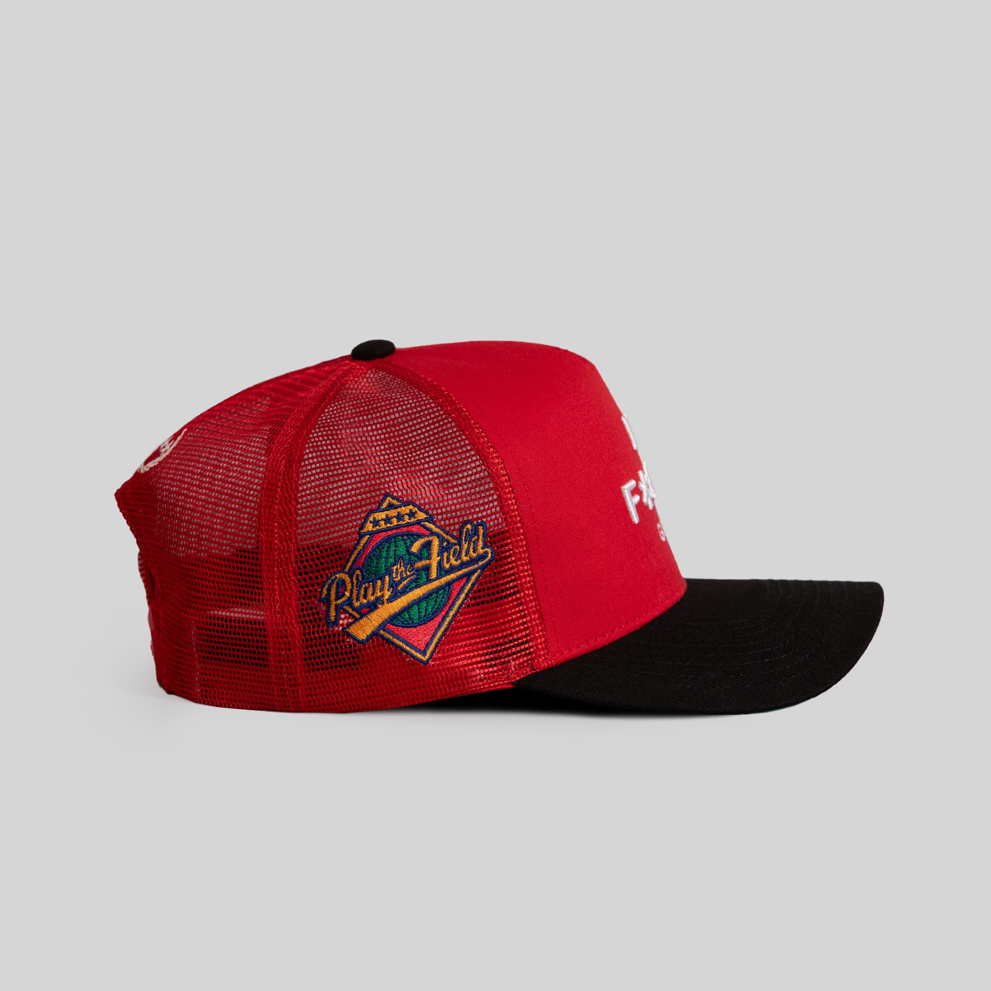 NO F*CKS GIVEN VARSITY RED BLACK TWILL MESH TRUCKER