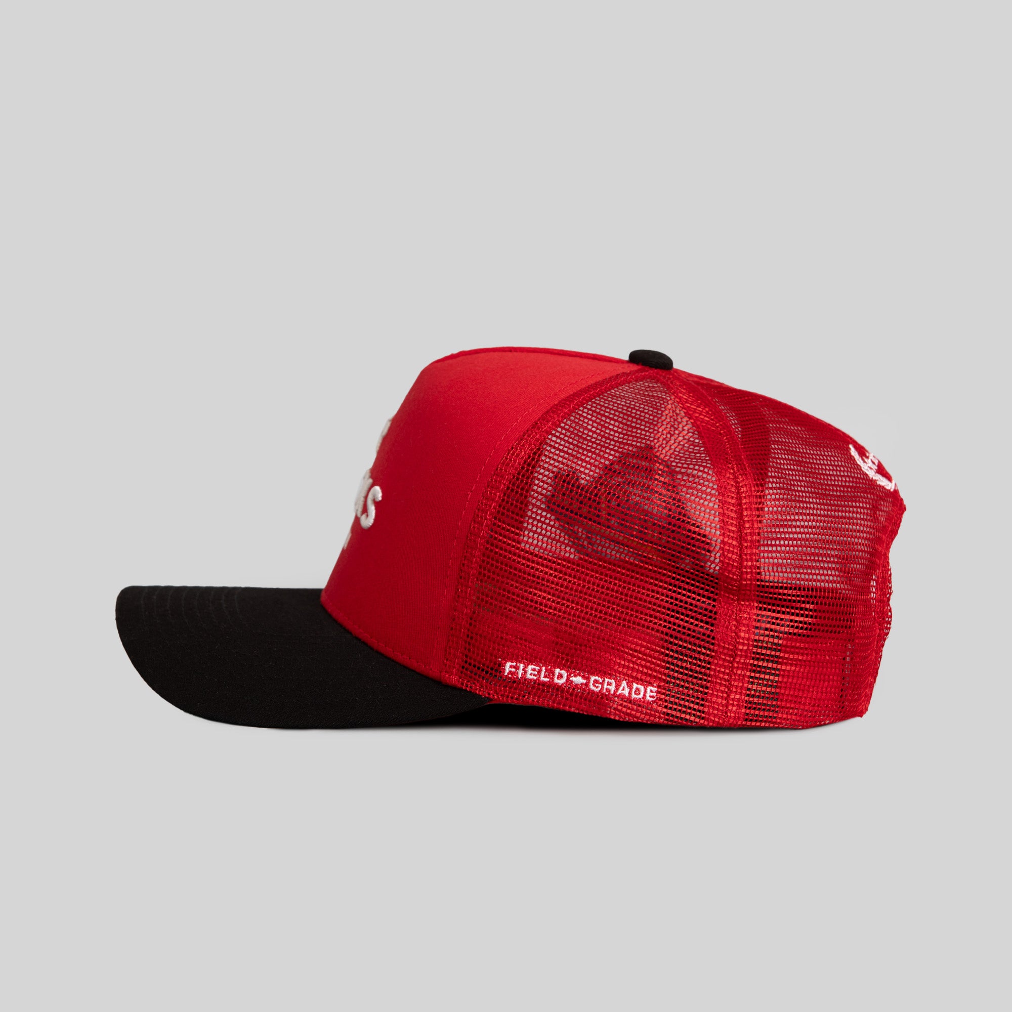NO F*CKS GIVEN VARSITY RED BLACK TWILL MESH TRUCKER