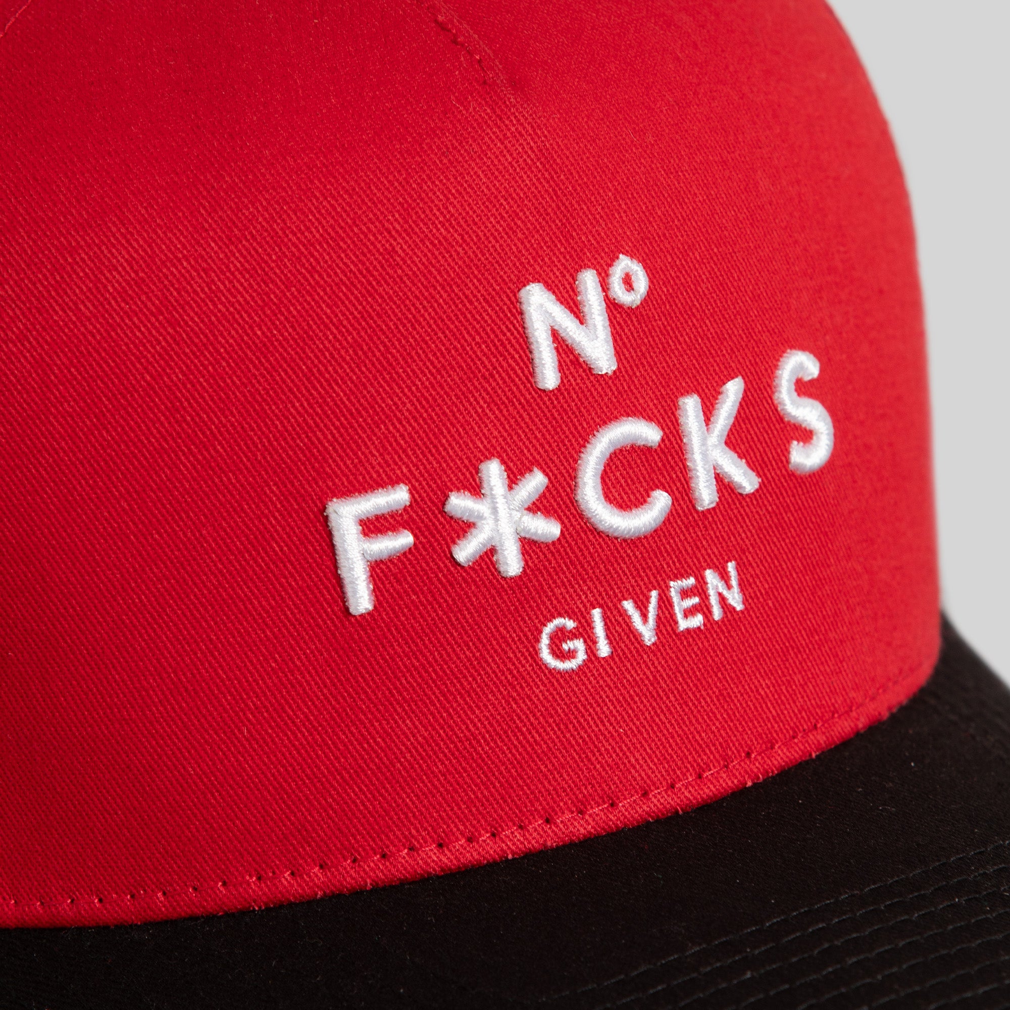 NO F*CKS GIVEN VARSITY RED BLACK TWILL MESH TRUCKER