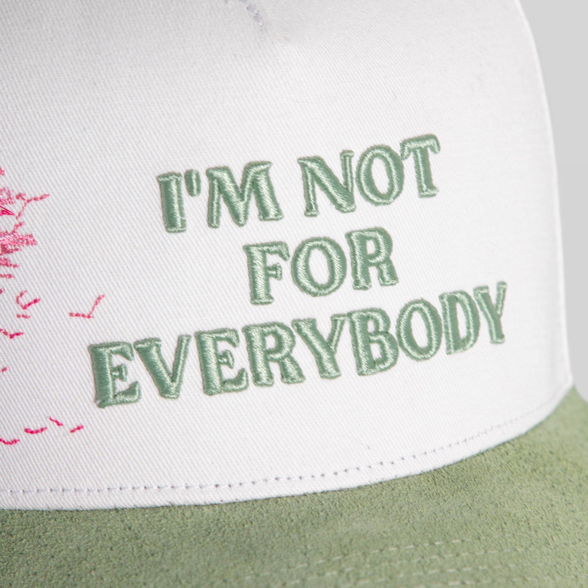 I'M NOT FOR EVERYBODY CHERRY BLOSSOM TWILL SUEDE TRUCKER