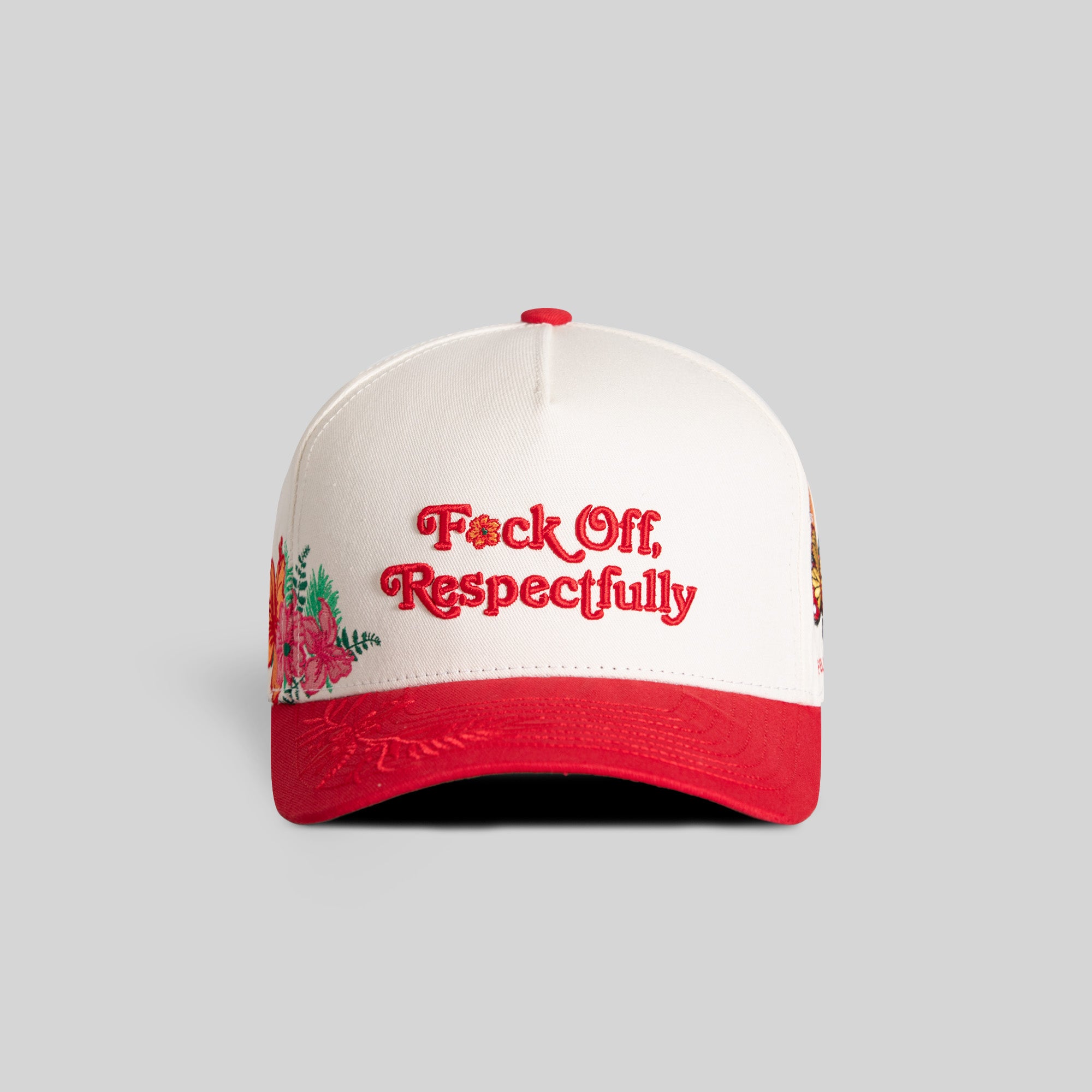 RESPECTFULLY FLORAL OFF WHITE RED TWILL TRUCKER
