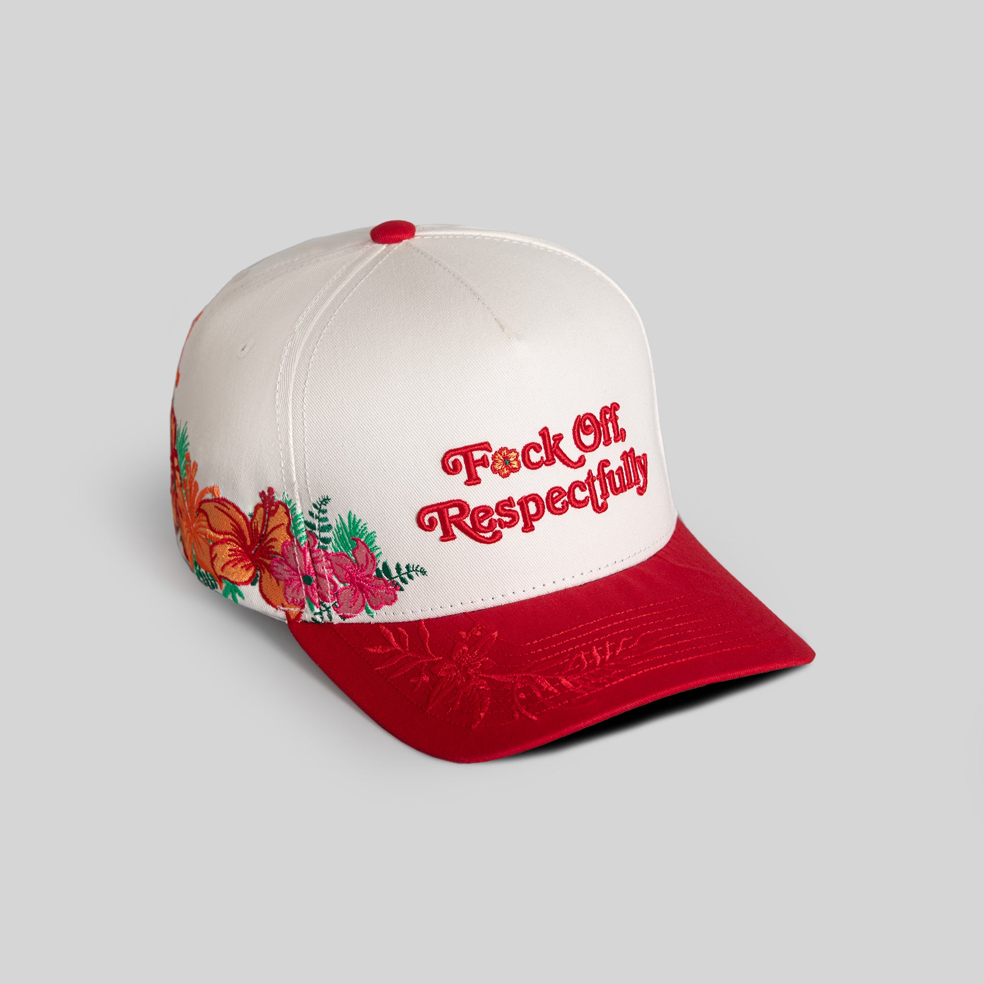 RESPECTFULLY FLORAL OFF WHITE RED TWILL TRUCKER