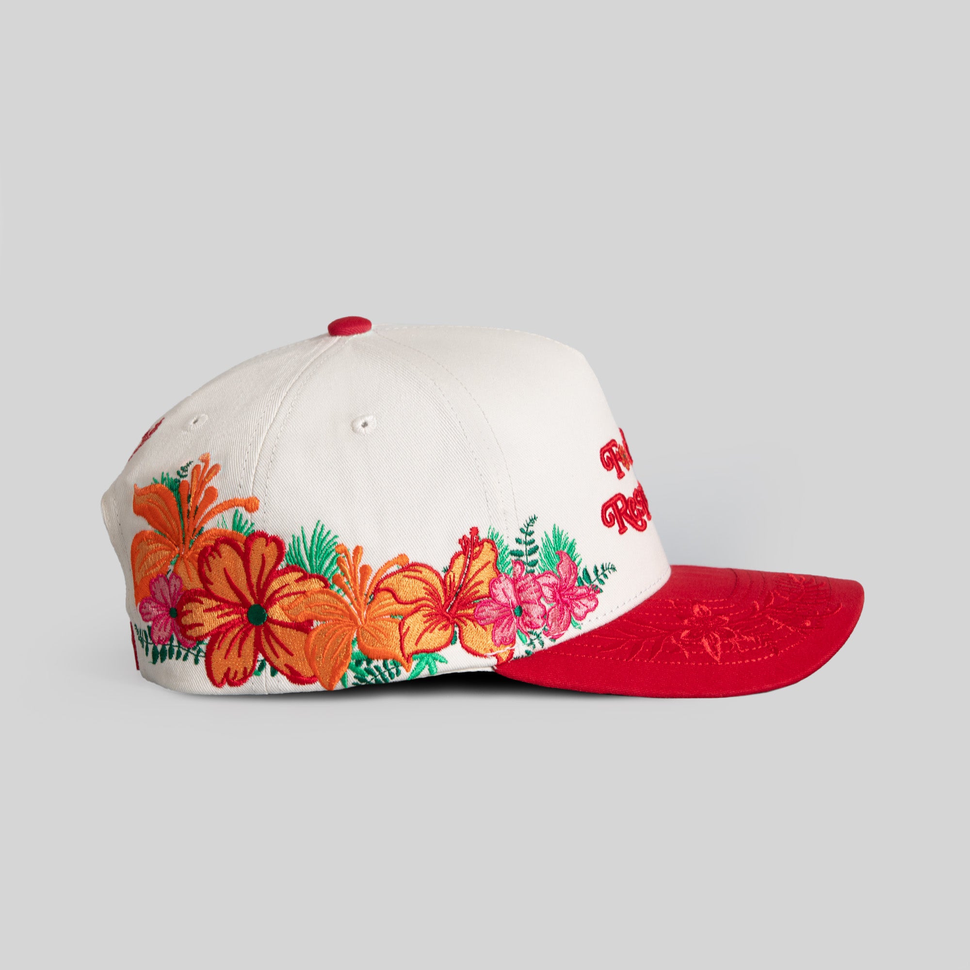 RESPECTFULLY FLORAL OFF WHITE RED TWILL TRUCKER