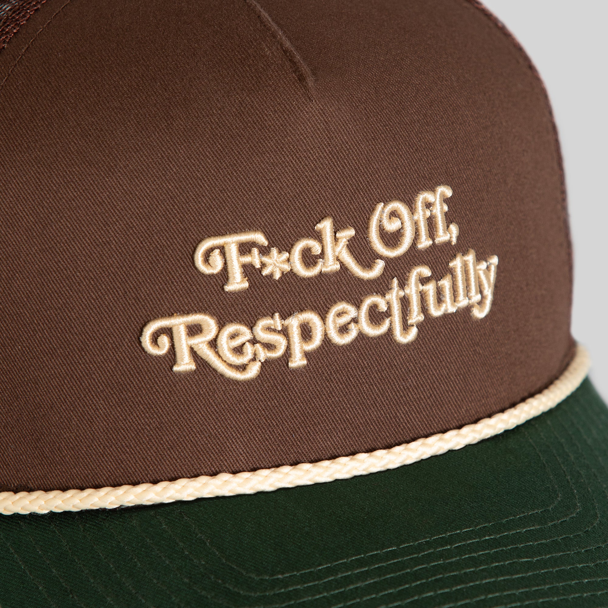 RESPECTFULLY MOCHA FG GREEN TWILL MESH TRUCKER