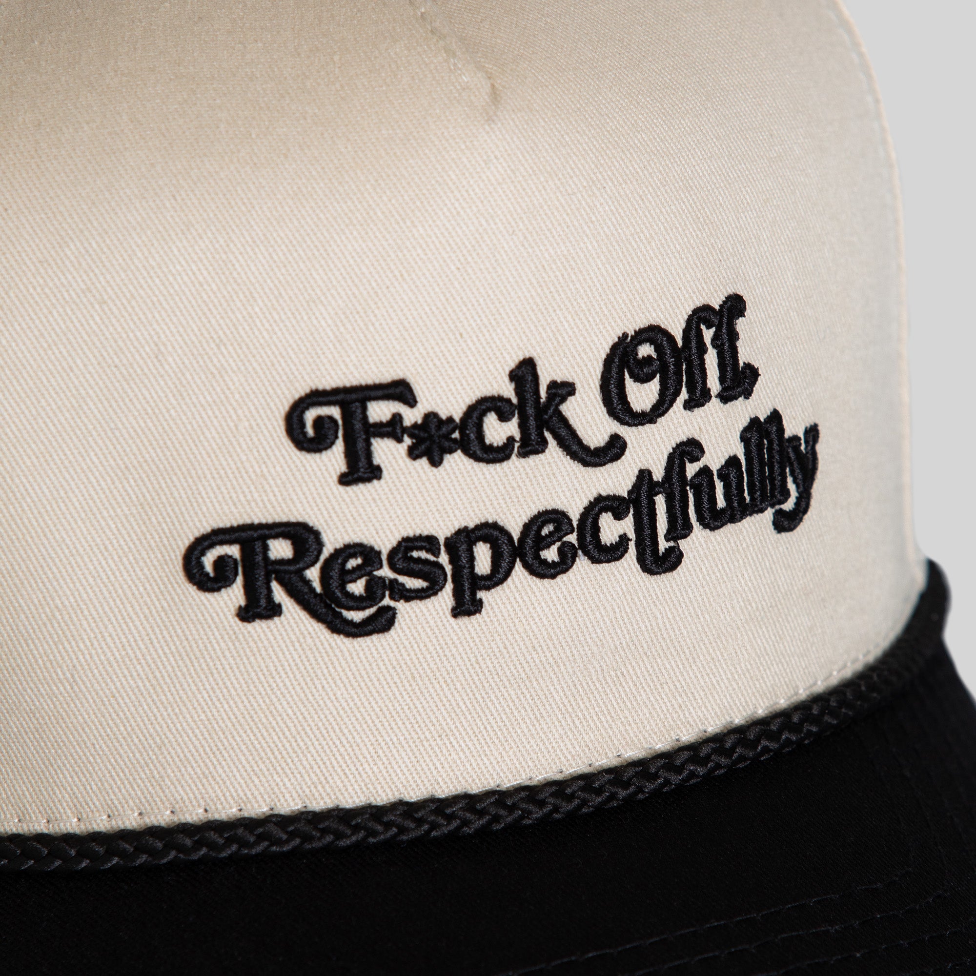 RESPECTFULLY SAND BLACK TWILL TRUCKER HAT