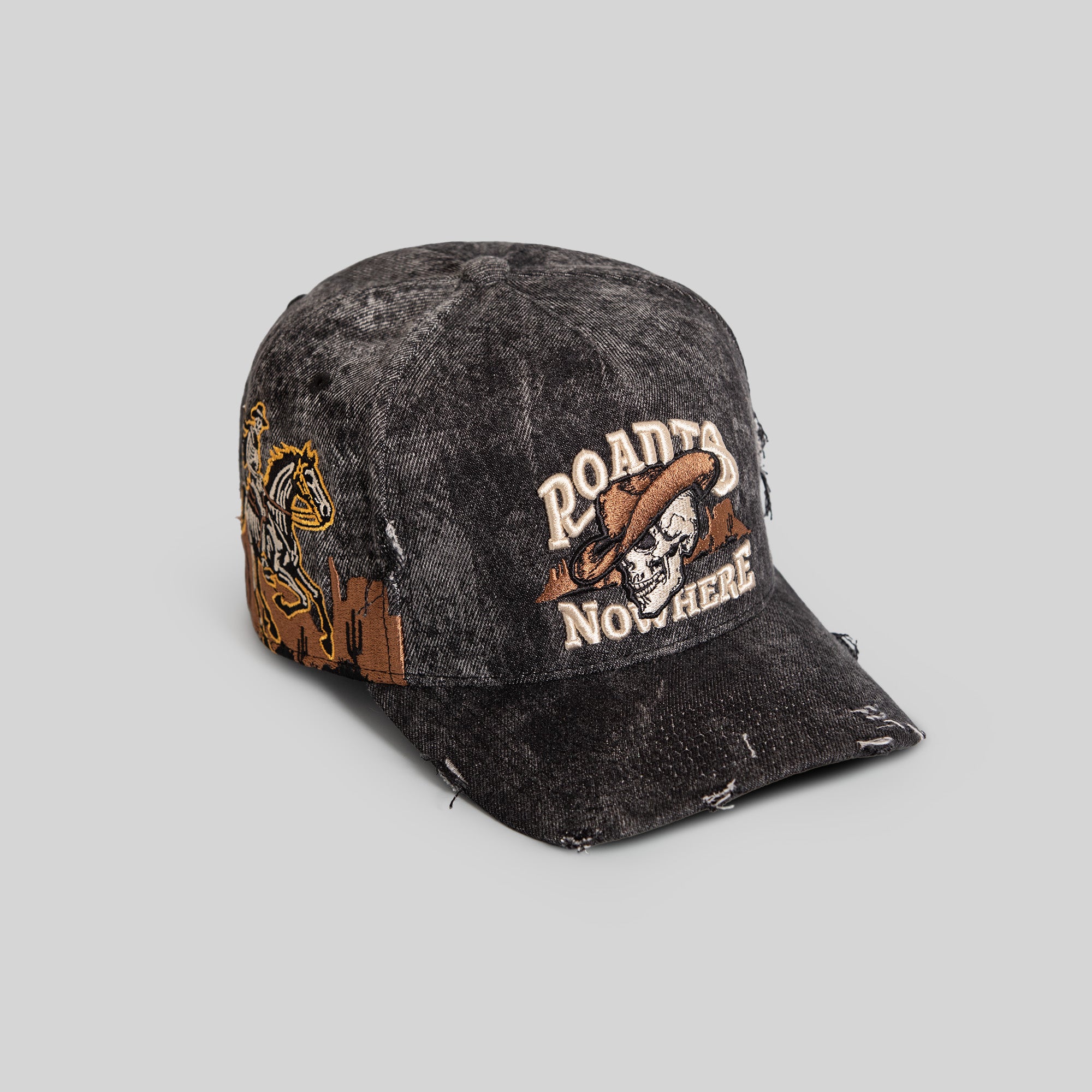 ROAD TO NOWHERE WASHED BLACK DISTRESSED DENIM TRUCKER