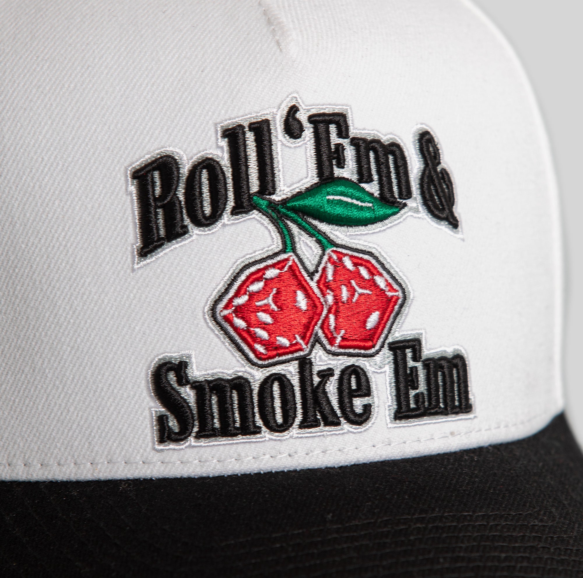 ROLL ‘EM & SMOKE ’EM OFF WHITE BLACK TRUCKER