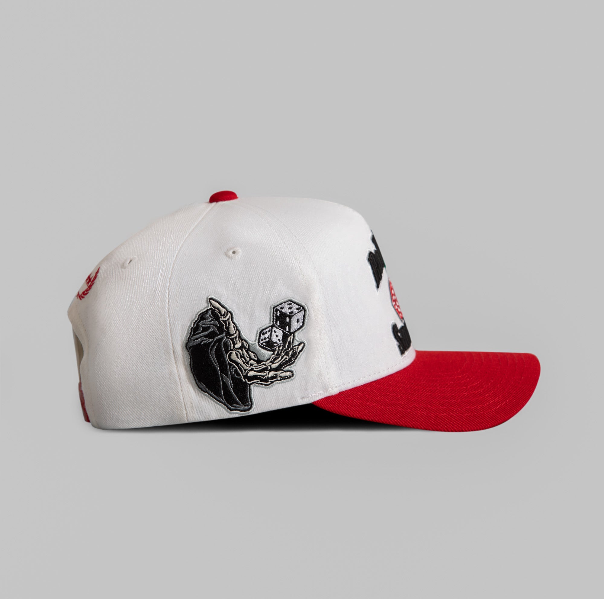 ROLL ‘EM & SMOKE ’EM OFF WHITE VARSITY RED TRUCKER