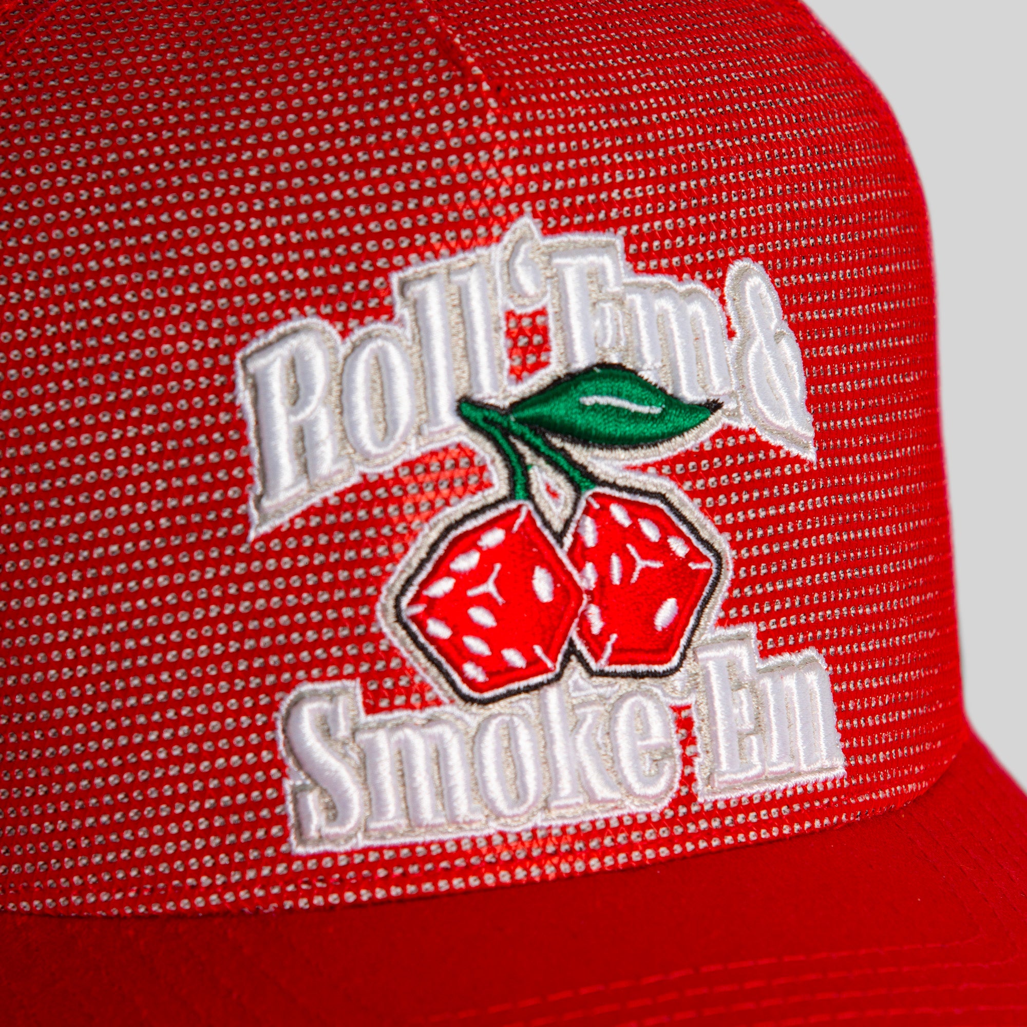 ROLL ‘EM & SMOKE ’EM RED MESH CROWN TRUCKER