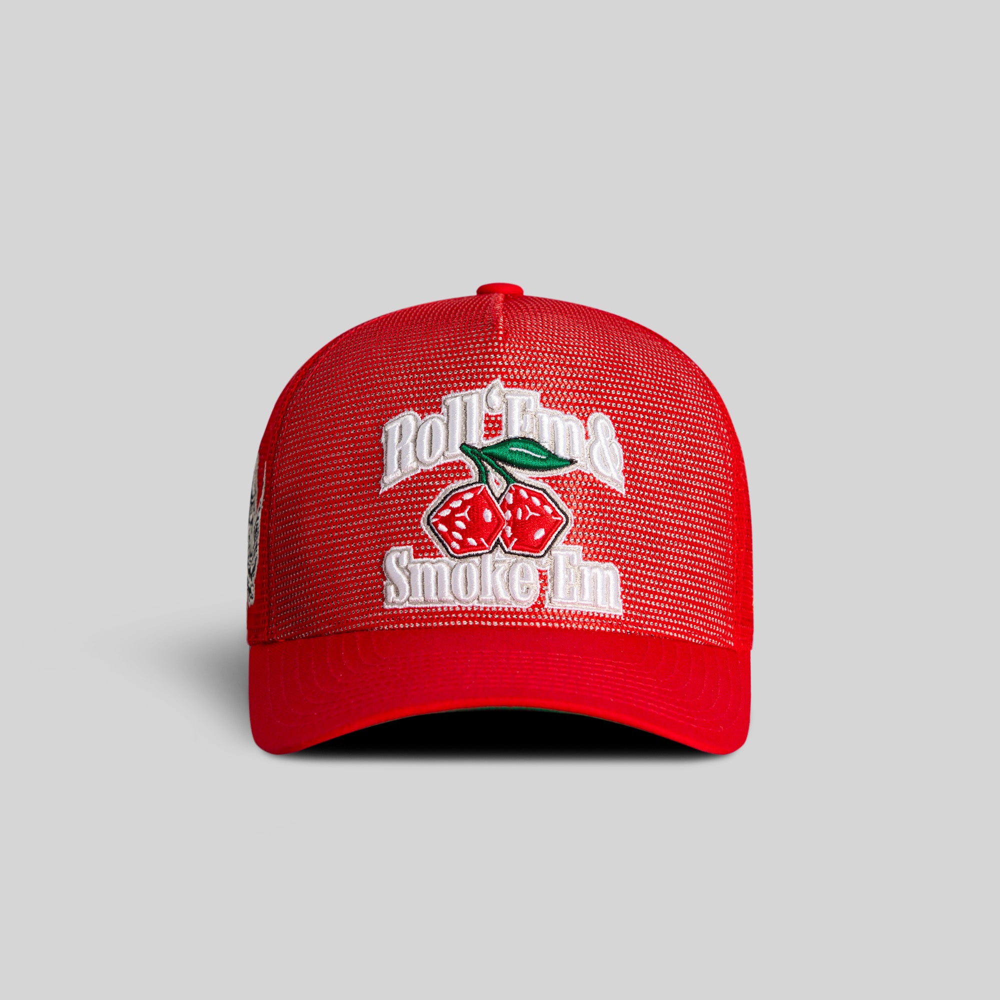 ROLL ‘EM & SMOKE ’EM RED MESH CROWN TRUCKER
