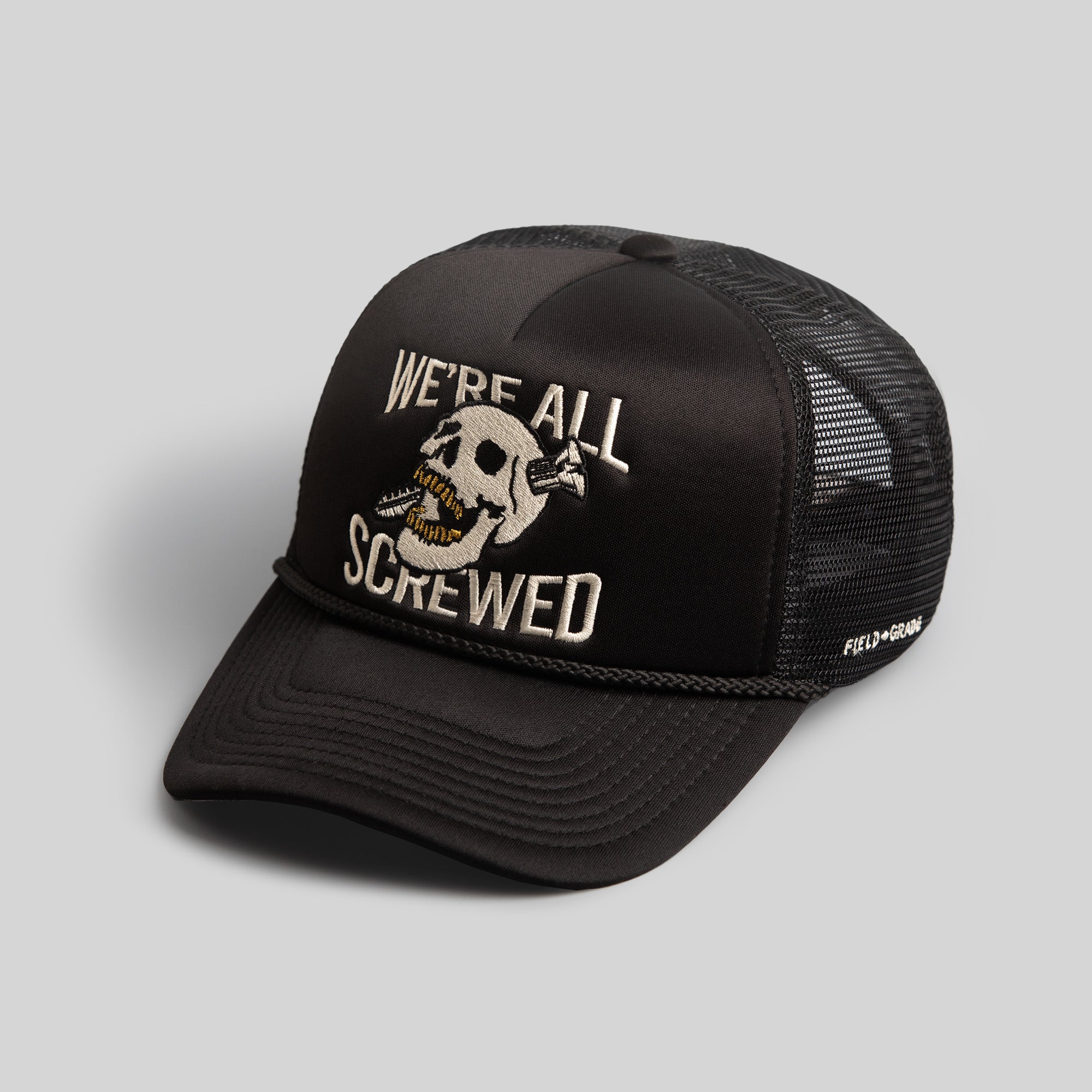 WE'RE ALL SCREWED BLACK TRUCKER HAT