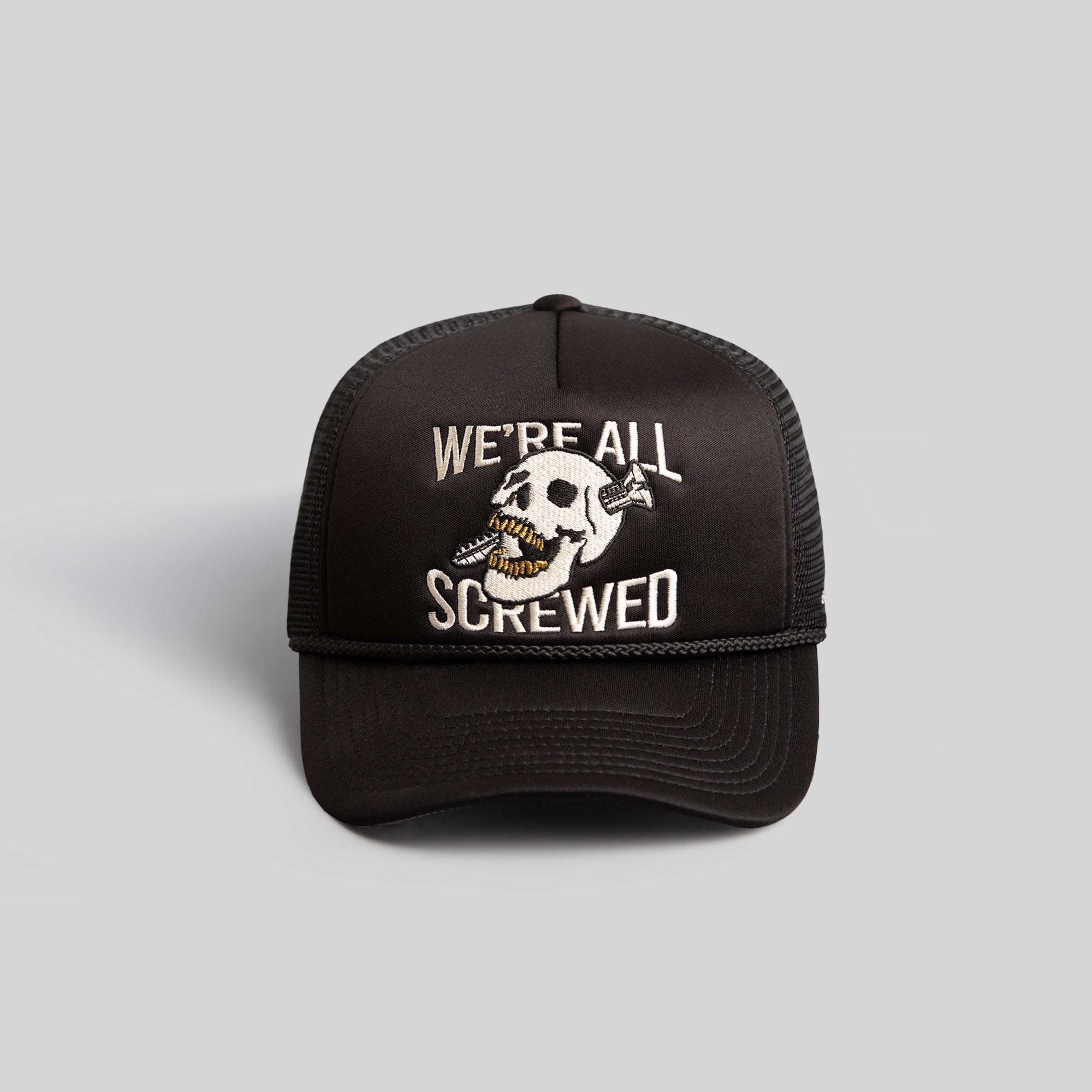 WE'RE ALL SCREWED BLACK TRUCKER HAT