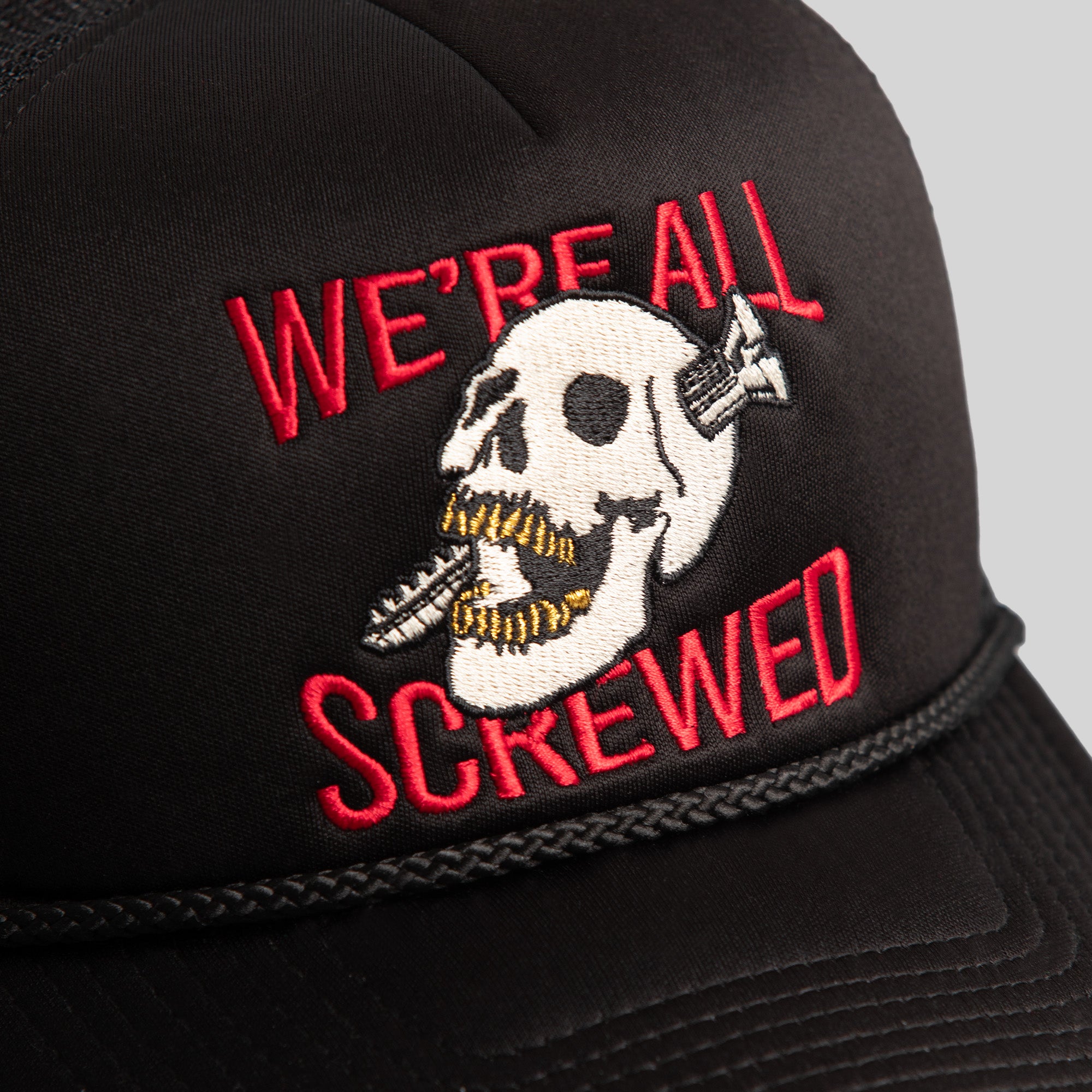 WE'RE ALL SCREWED BLACK/RED TRUCKER HAT