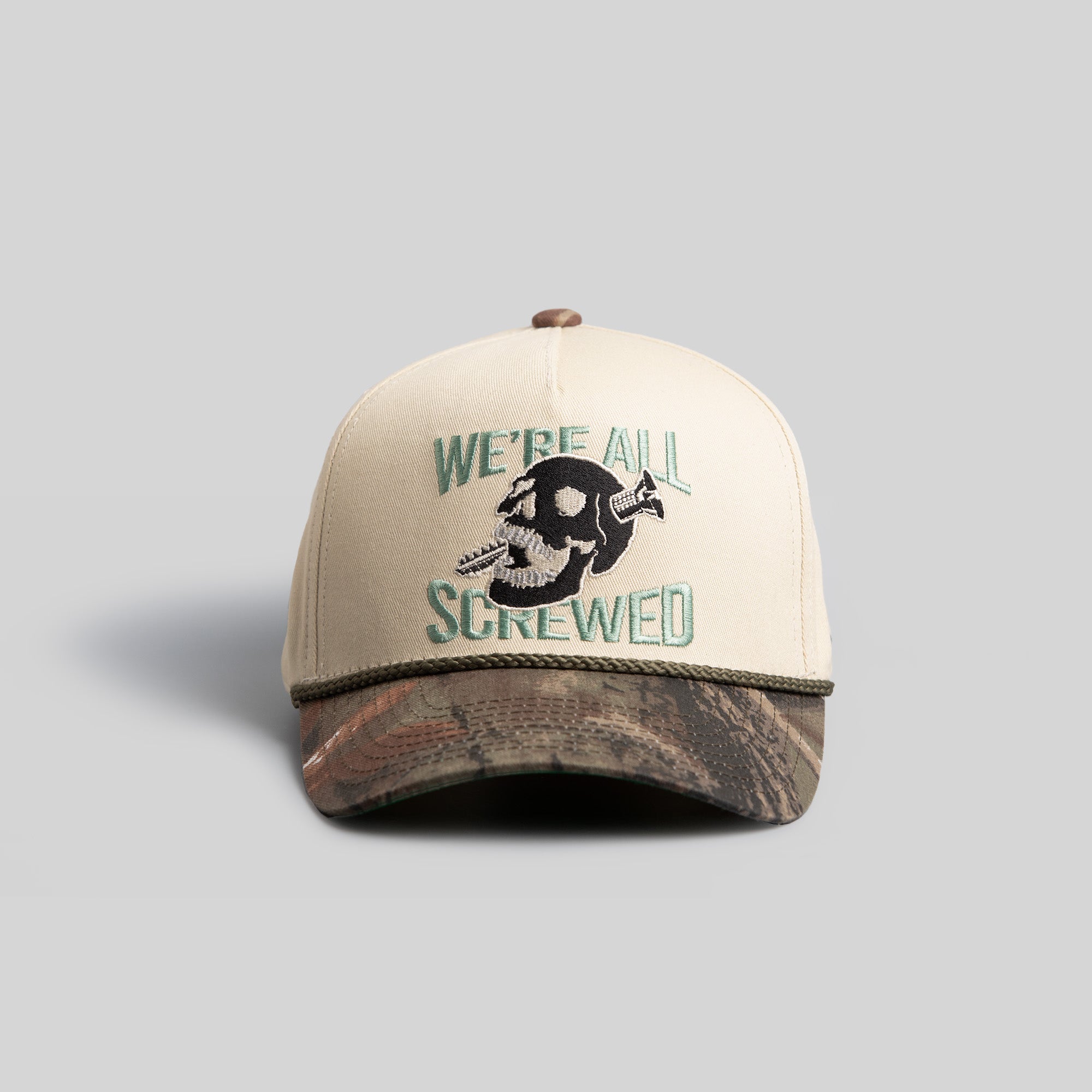 WE'RE ALL SCREWED SAND CAMO TRUCKER HAT