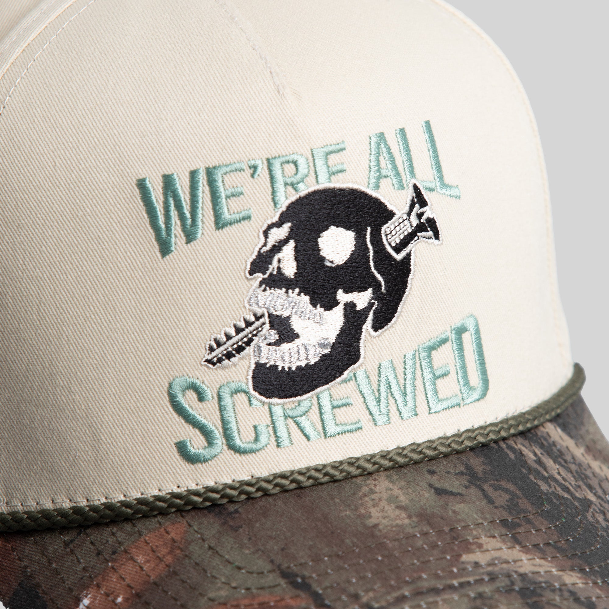 WE'RE ALL SCREWED SAND CAMO TRUCKER HAT