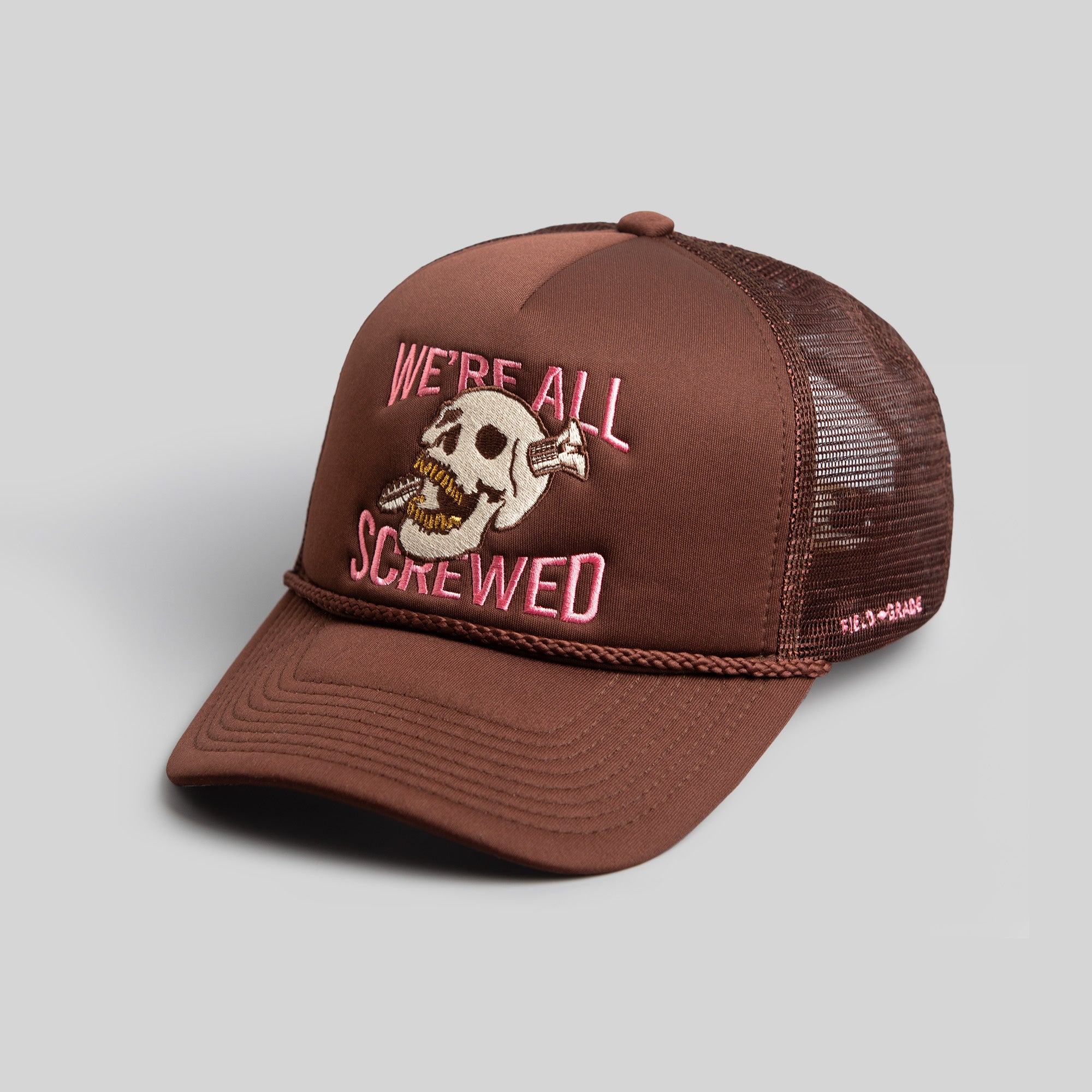 WE'RE ALL SCREWED MOCHA TRUCKER HAT