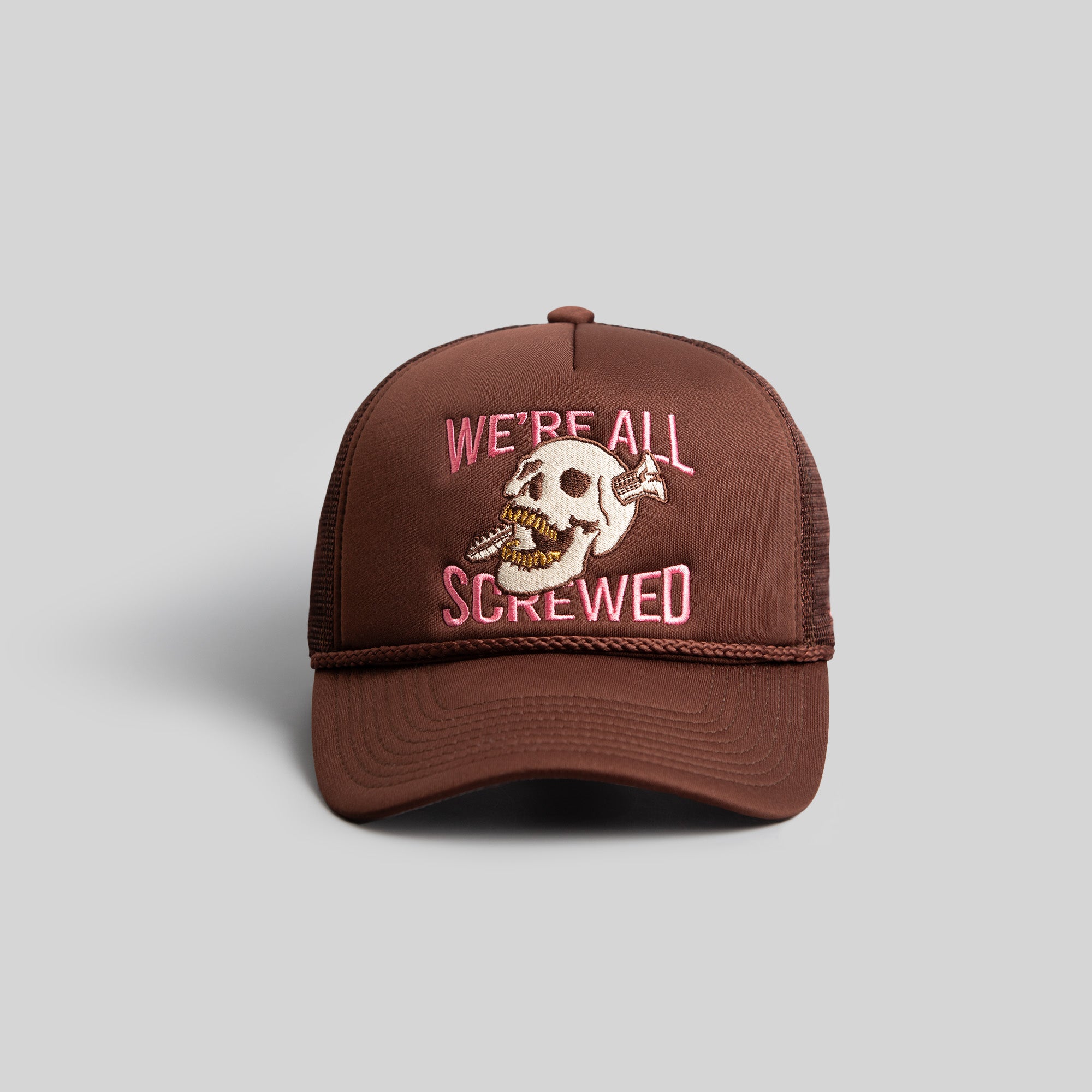 WE'RE ALL SCREWED MOCHA TRUCKER HAT