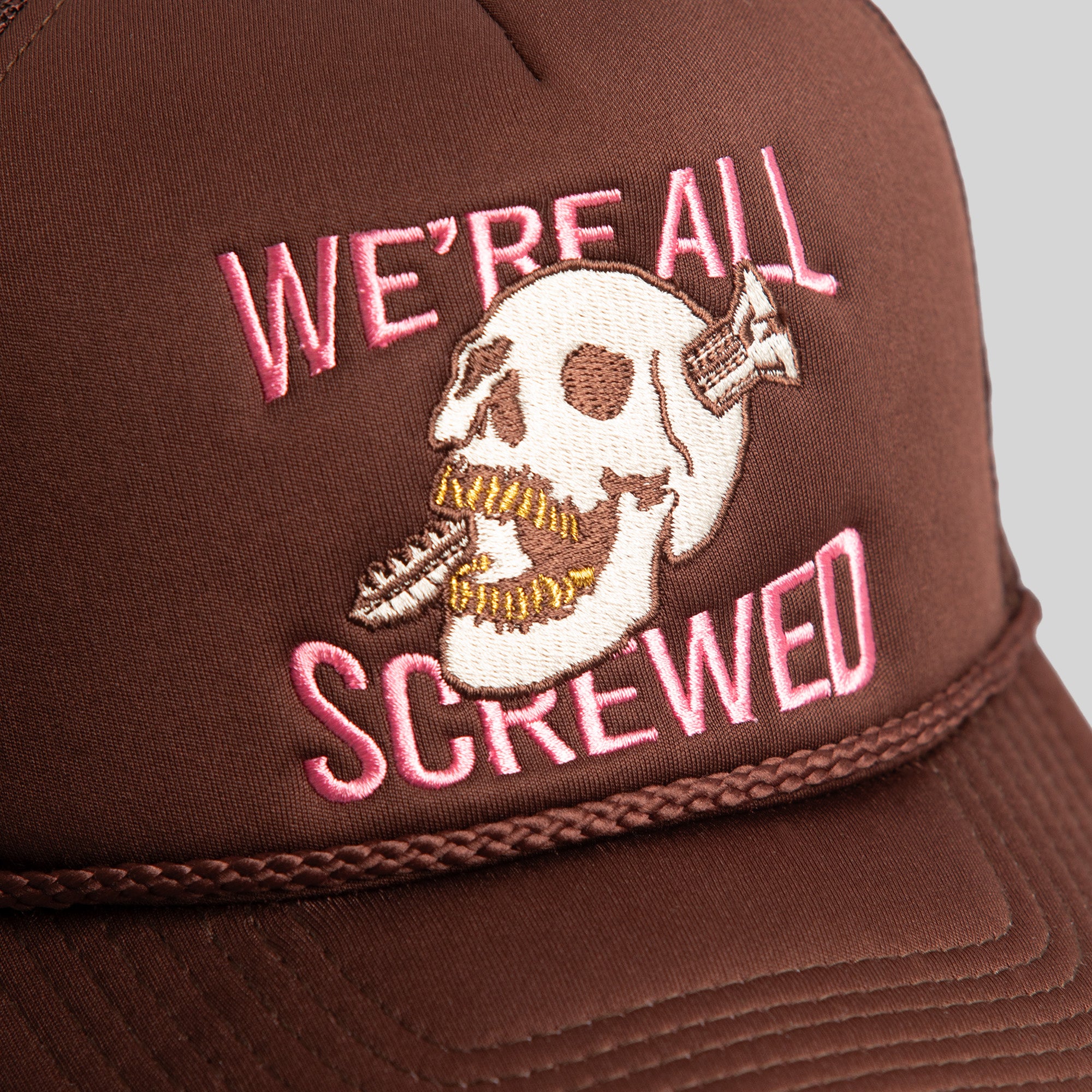 WE'RE ALL SCREWED MOCHA TRUCKER HAT