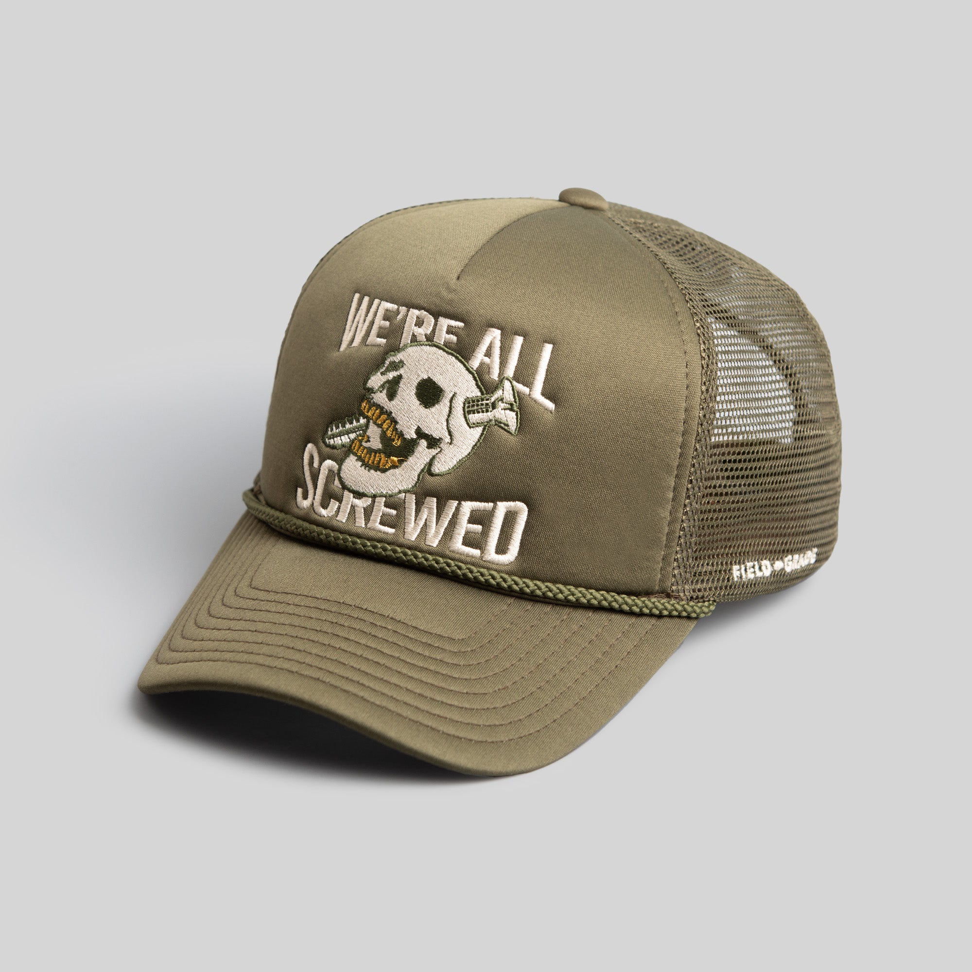 WE'RE ALL SCREWED OLIVE TRUCKER HAT