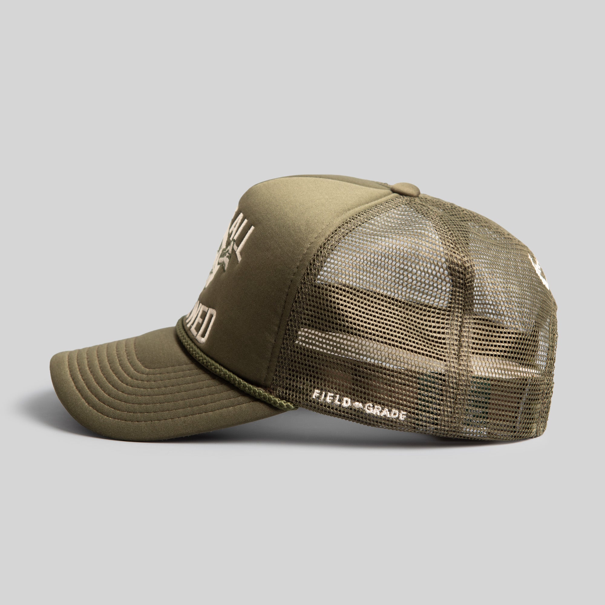 WE'RE ALL SCREWED OLIVE TRUCKER HAT