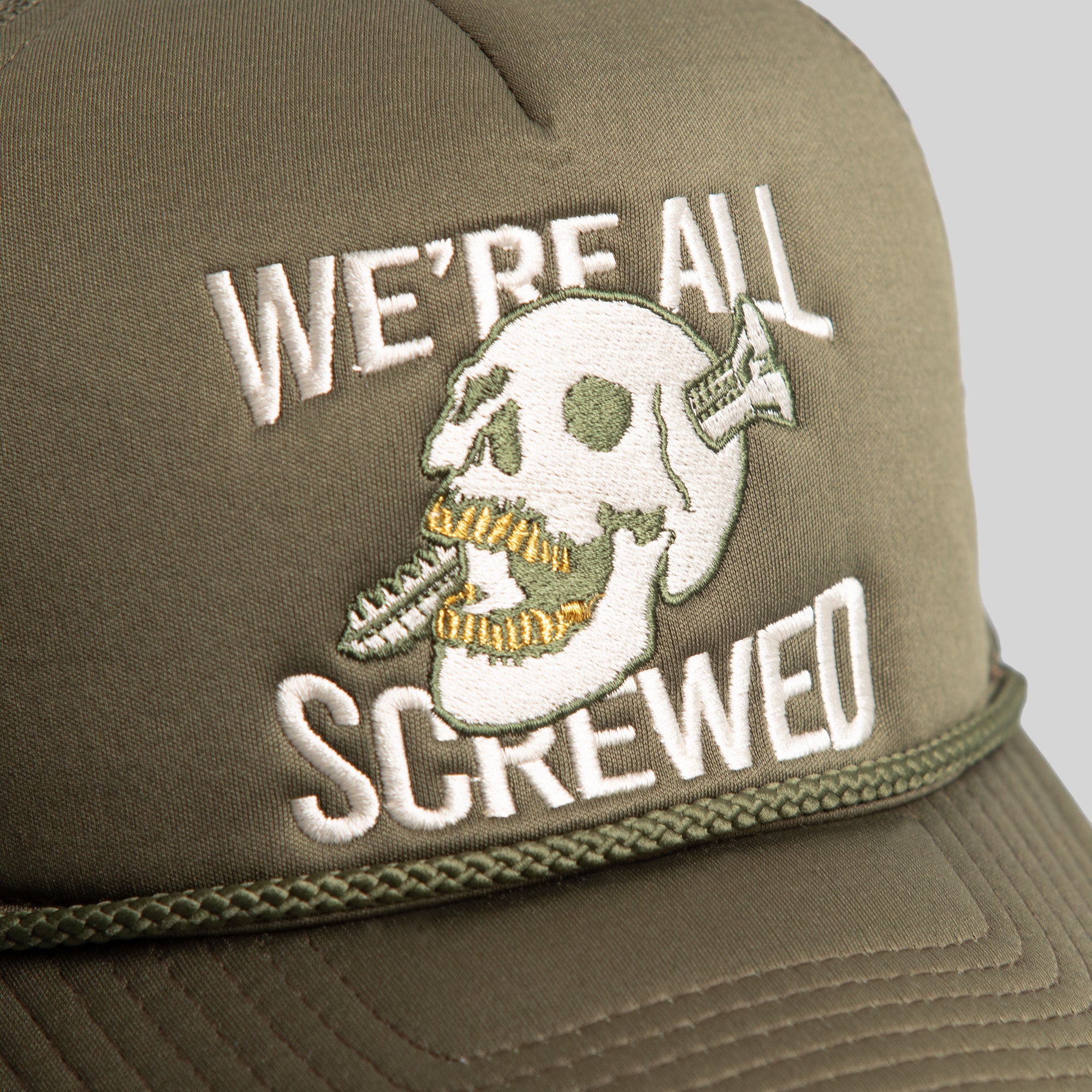 WE'RE ALL SCREWED OLIVE TRUCKER HAT