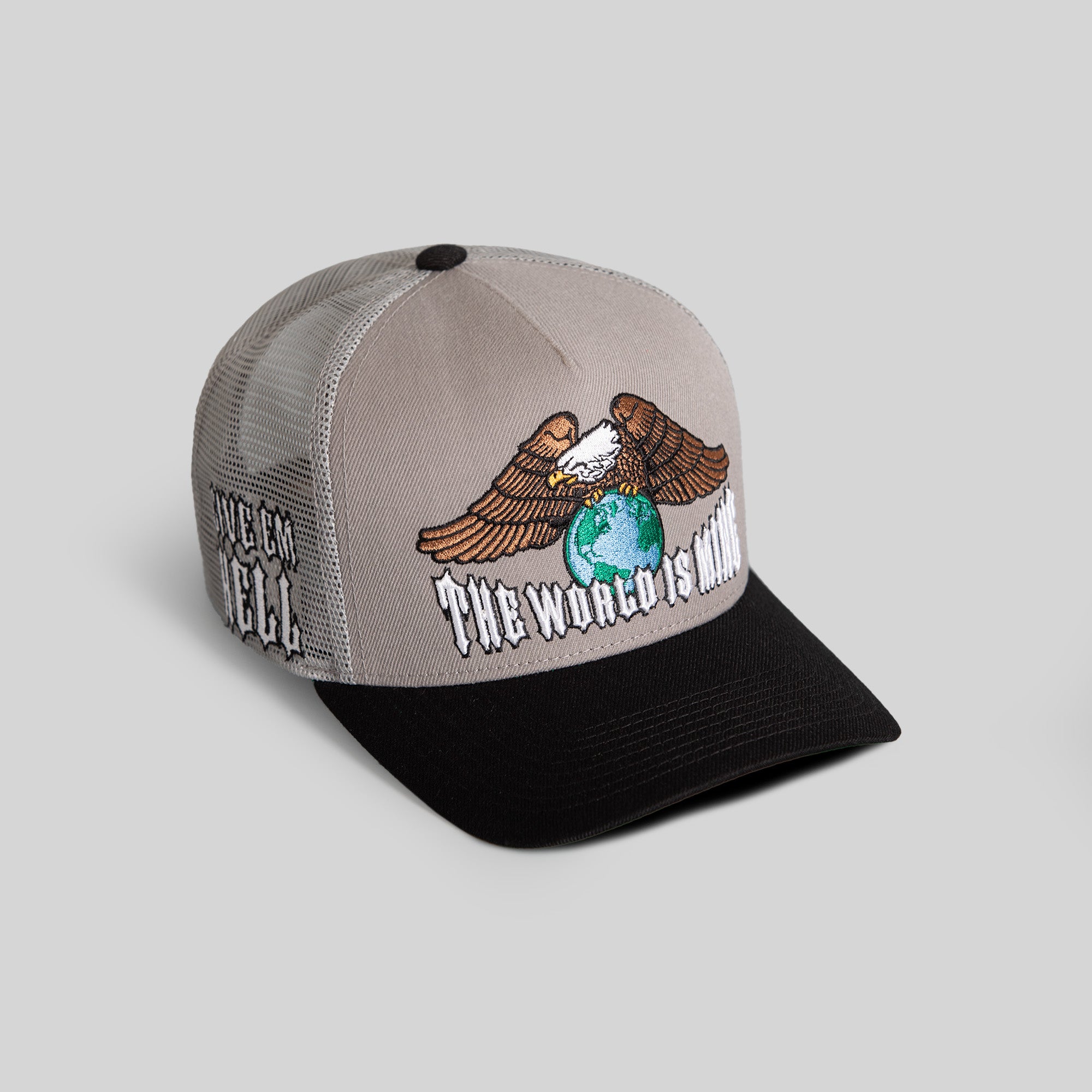 THE WORLD IS MINE GREY BLACK MESH TRUCKER