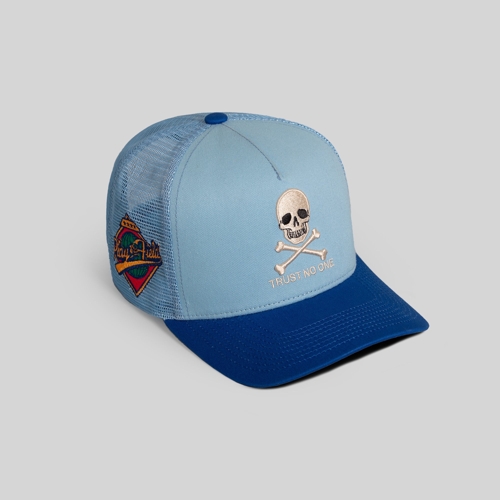 TRUST NO ONE UNI BLUE GAME ROYAL TWILL MESH TRUCKER