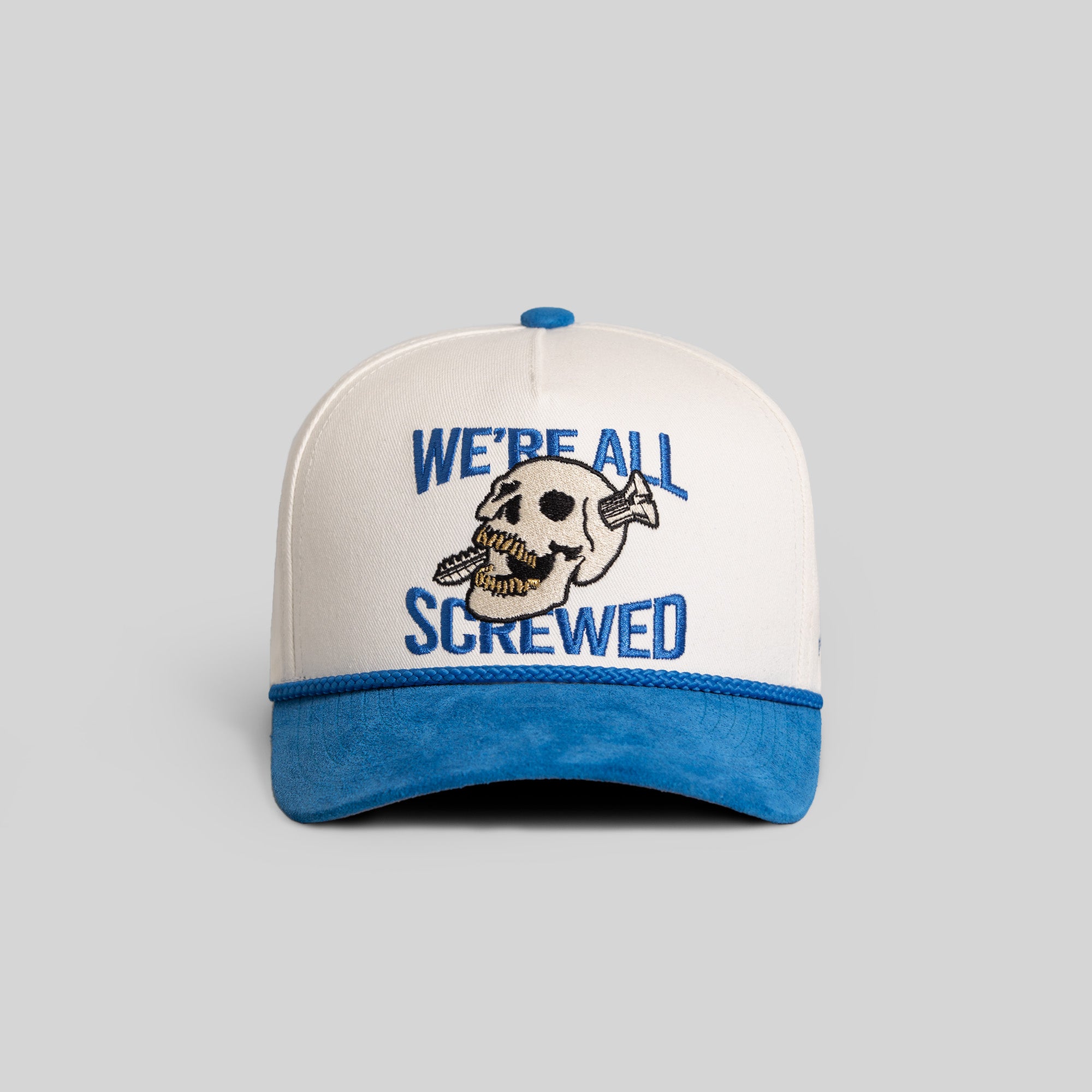 WE'RE ALL SCREWED EGGSHELL GAME ROYAL TWILL SUEDE TRUCKER