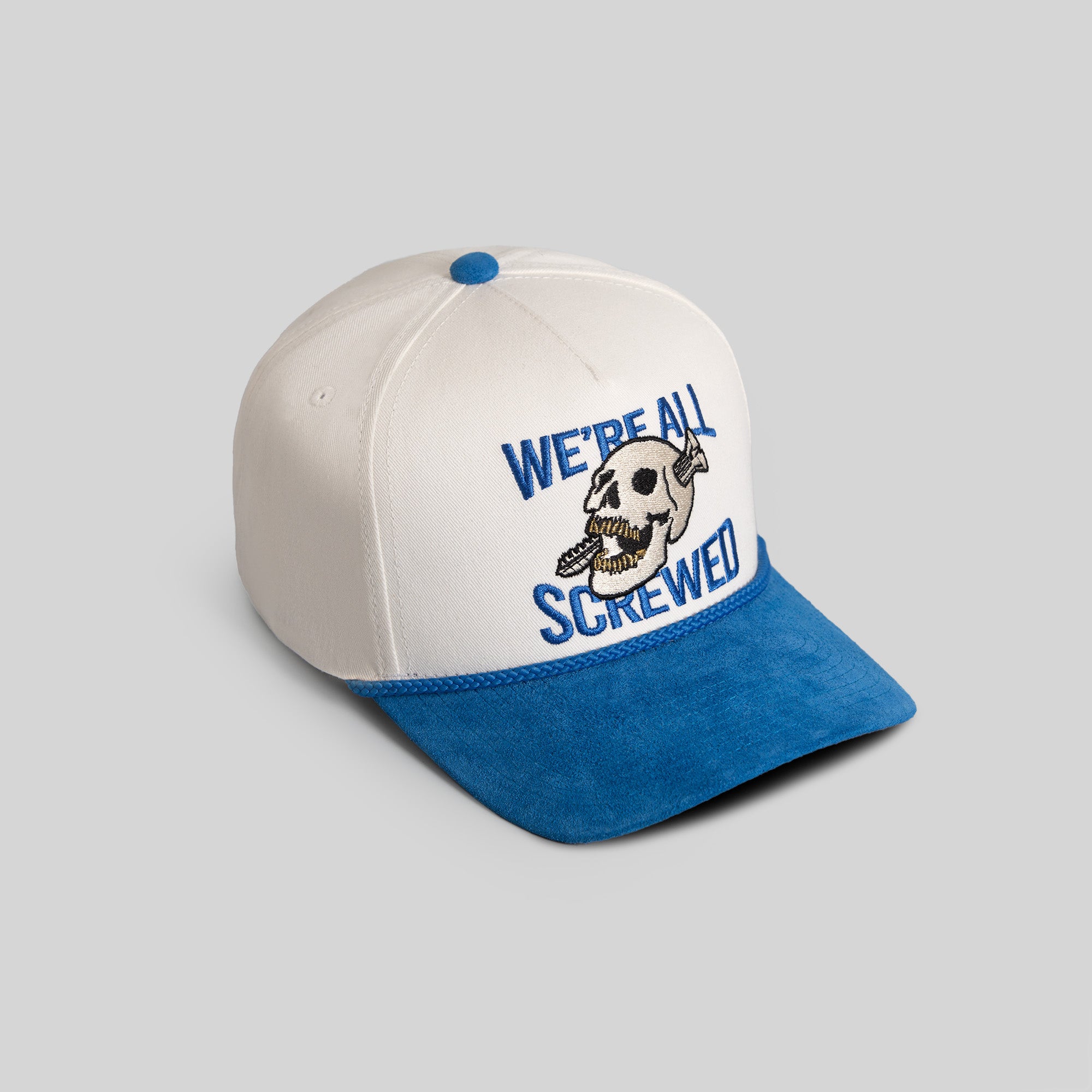 WE'RE ALL SCREWED EGGSHELL GAME ROYAL TWILL SUEDE TRUCKER
