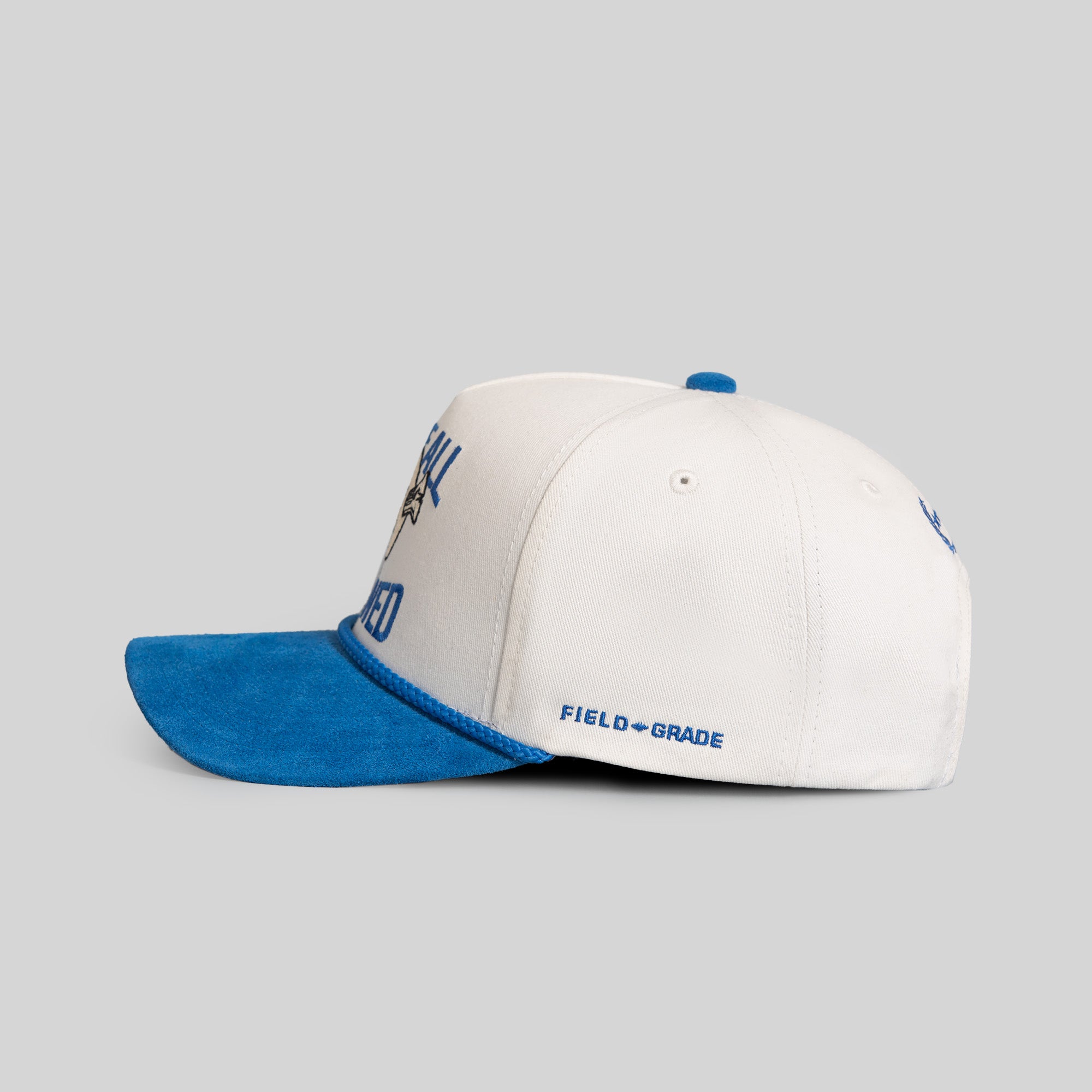 WE'RE ALL SCREWED EGGSHELL GAME ROYAL TWILL SUEDE TRUCKER