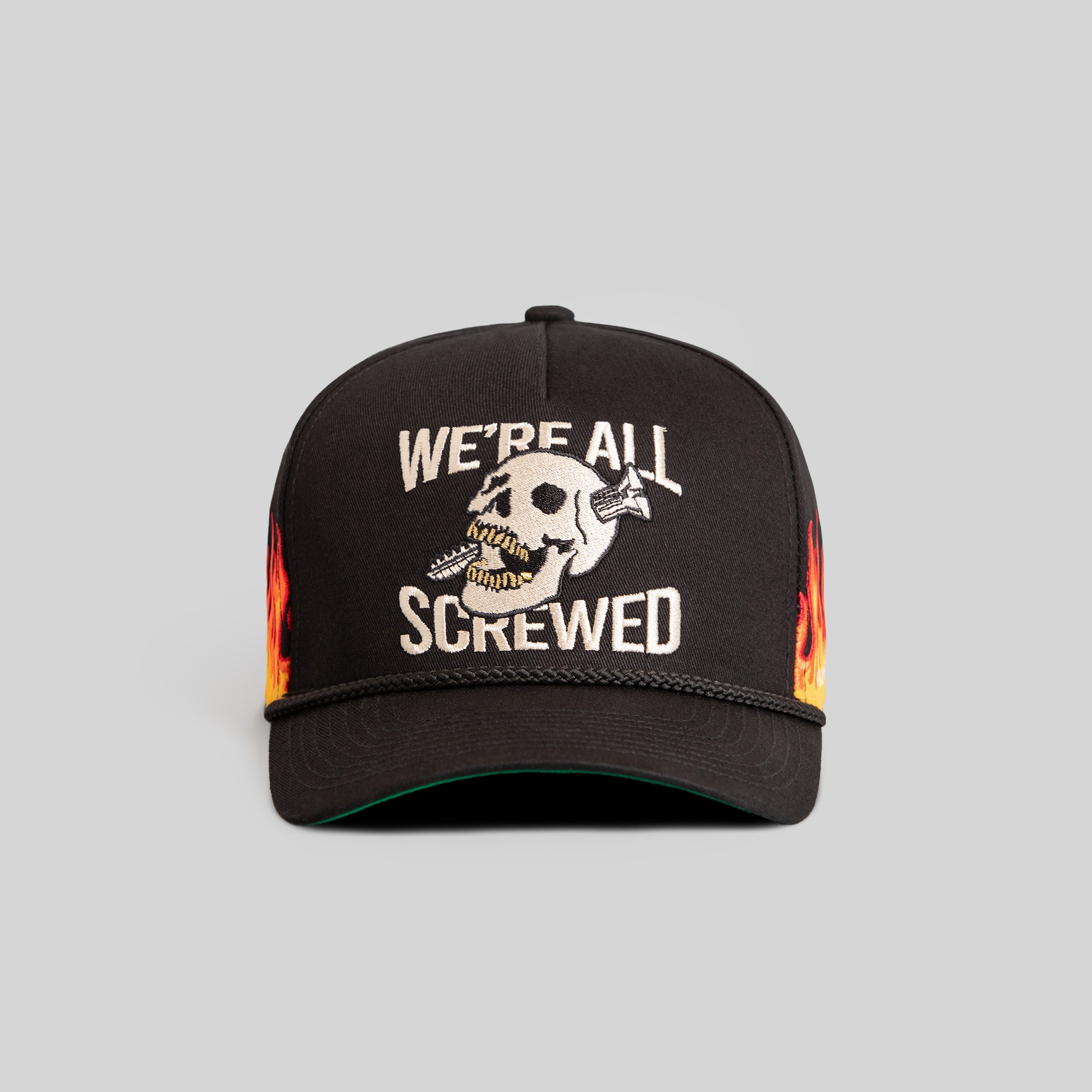 WE'RE ALL SCREWED FLAMES BLACK TWILL TRUCKER