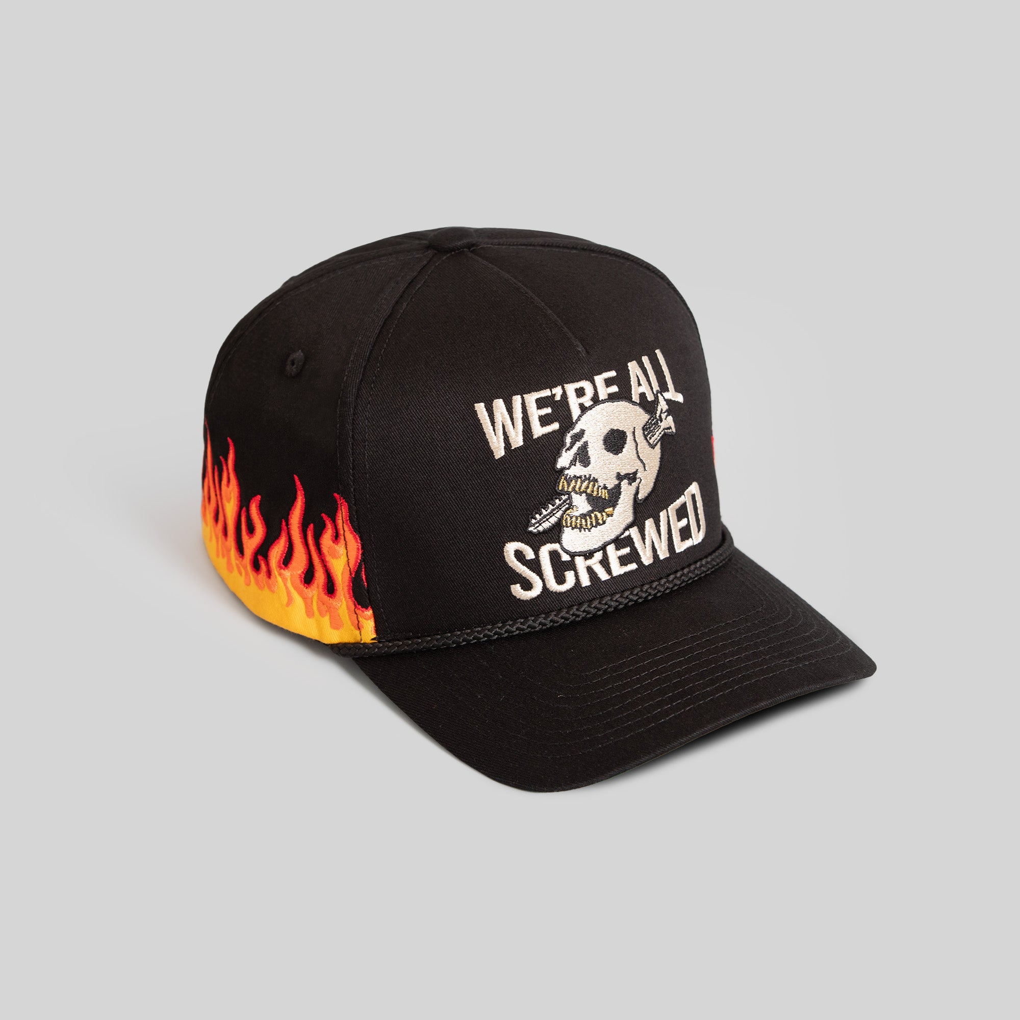 WE'RE ALL SCREWED FLAMES BLACK TWILL TRUCKER