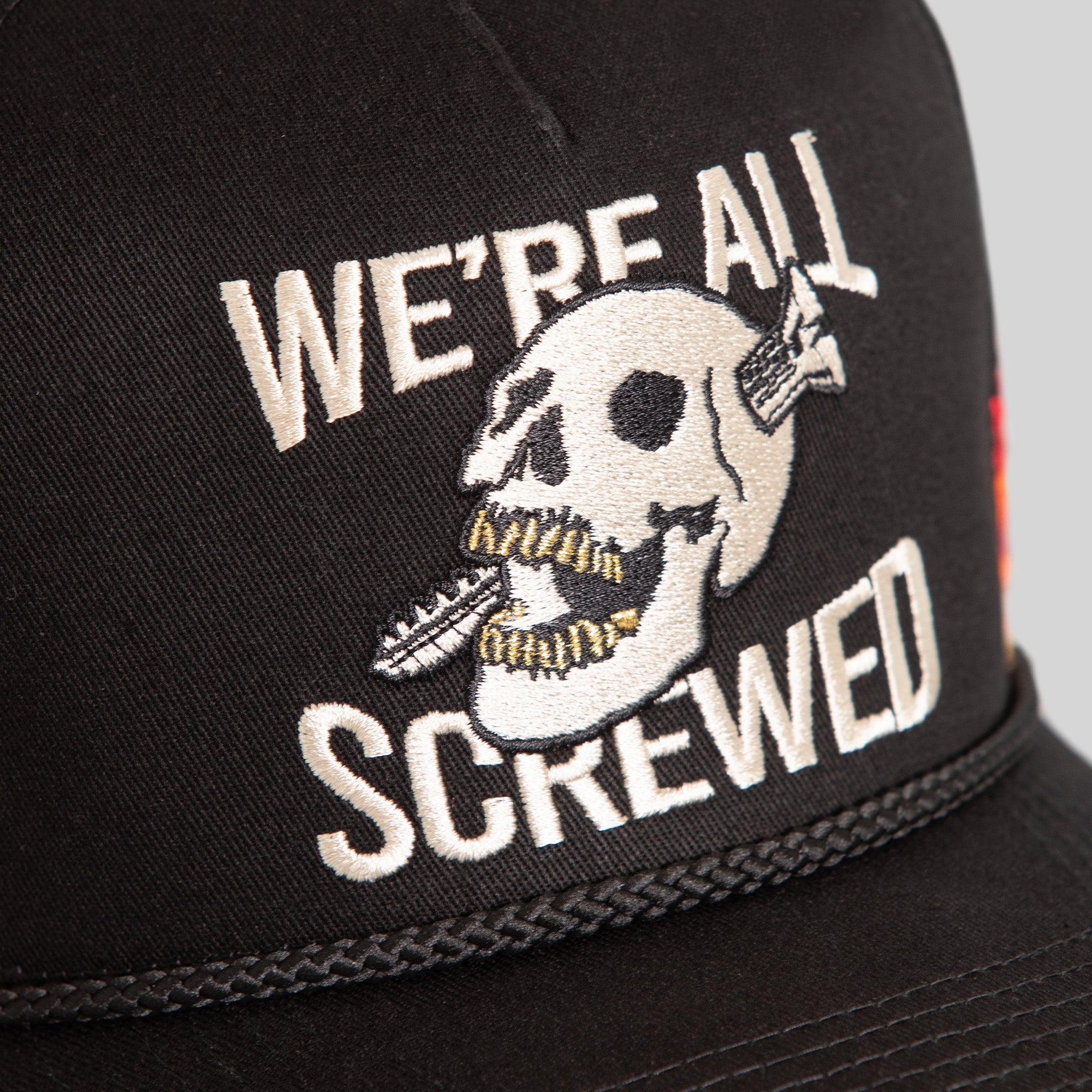 WE'RE ALL SCREWED FLAMES BLACK TWILL TRUCKER