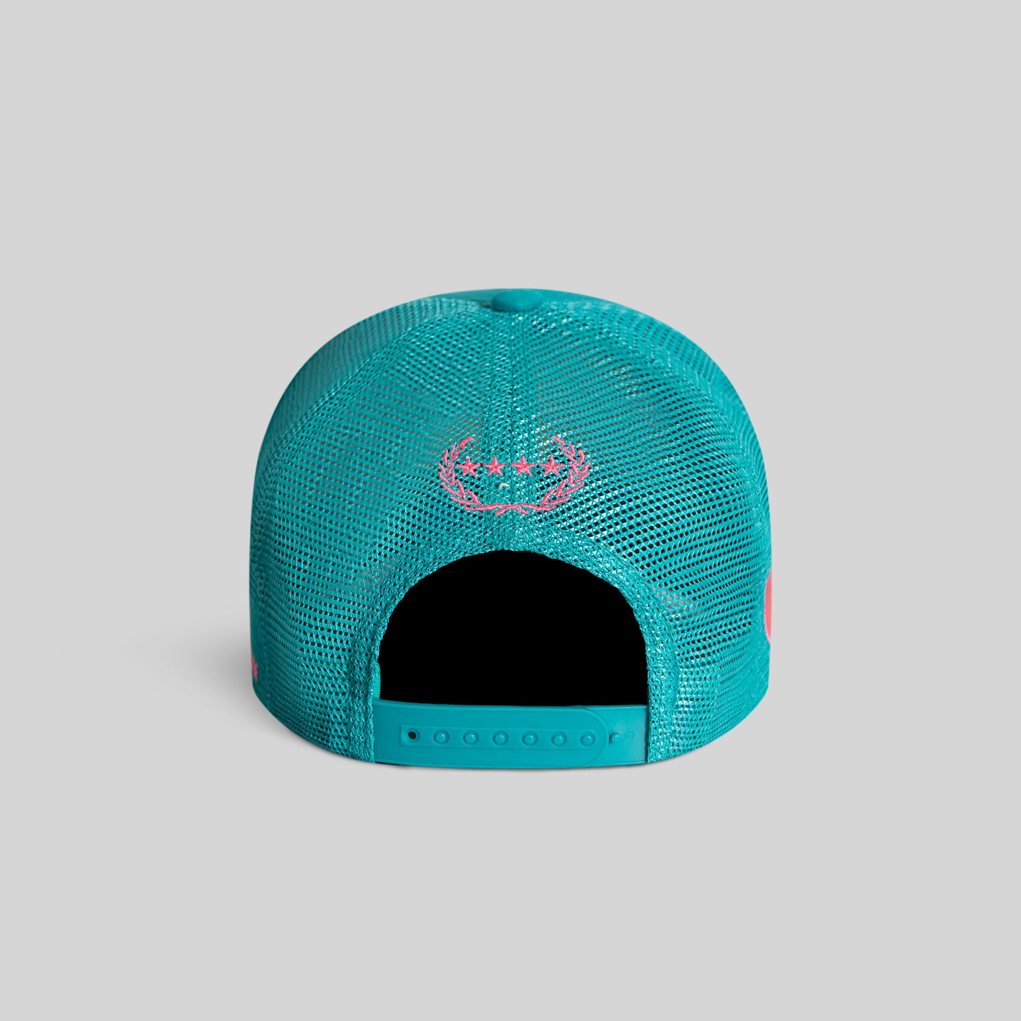 LEAVE YOUR FEELINGS NEON AQUA TWILL MESH TRUCKER
