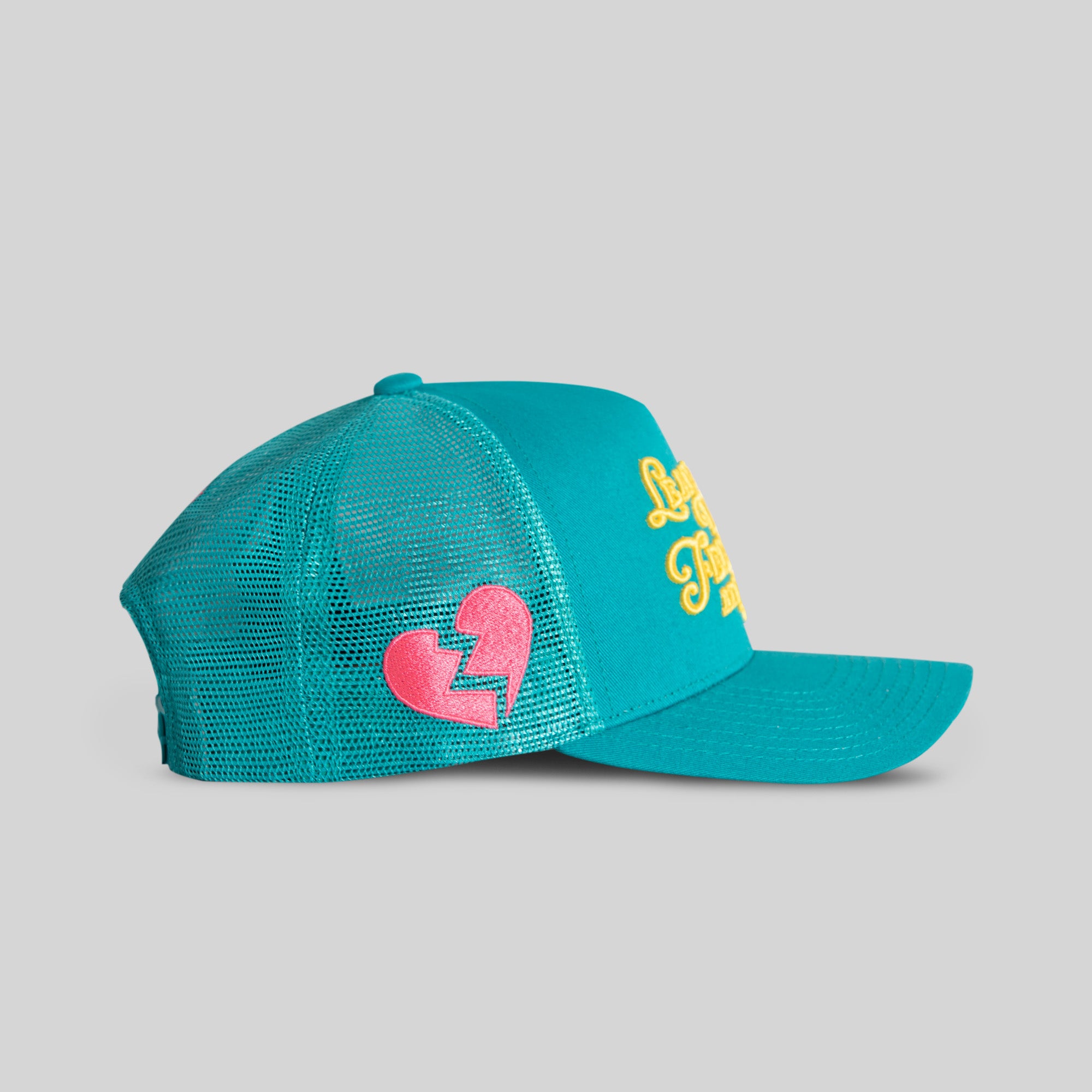 LEAVE YOUR FEELINGS NEON AQUA TWILL MESH TRUCKER