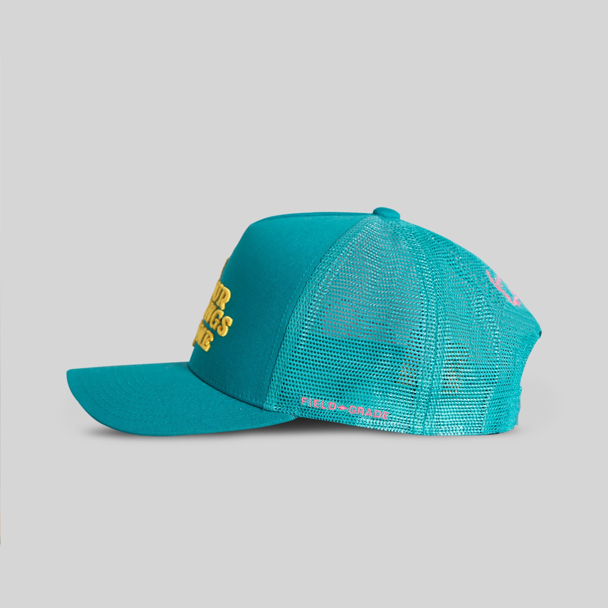LEAVE YOUR FEELINGS NEON AQUA TWILL MESH TRUCKER