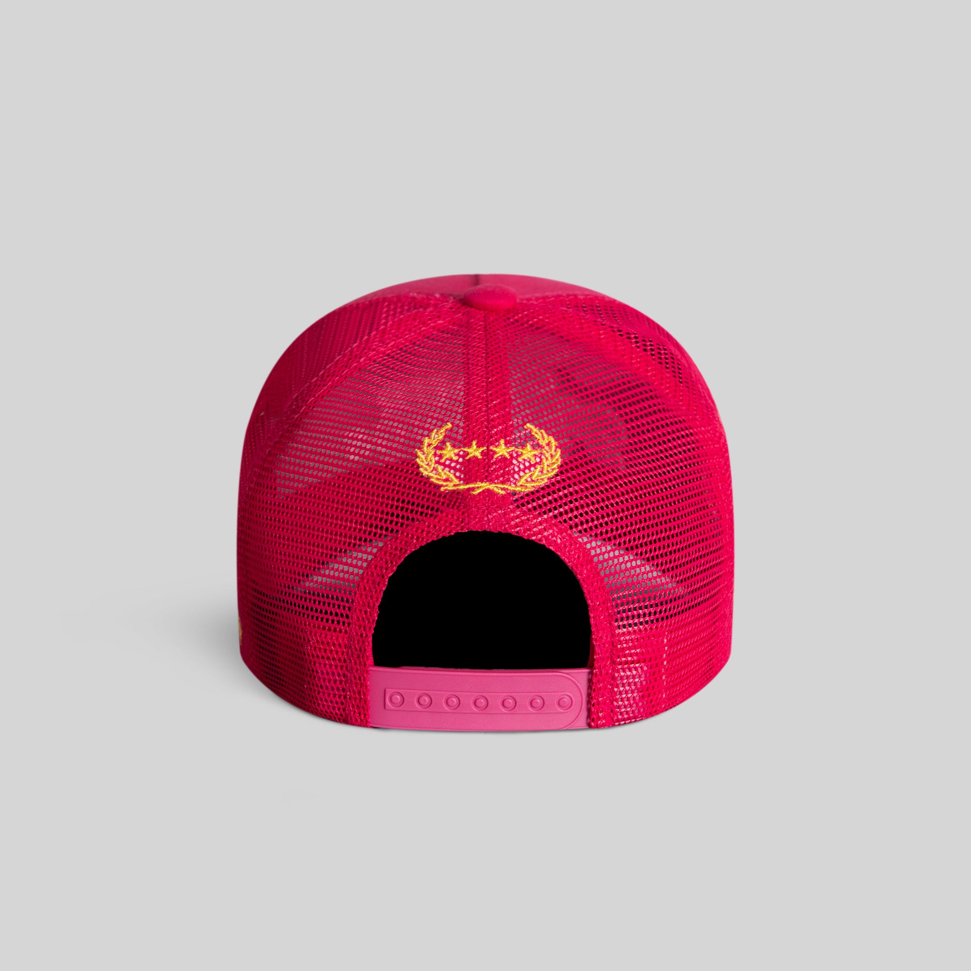 LEAVE YOUR FEELINGS NEON PINK TWILL MESH TRUCKER