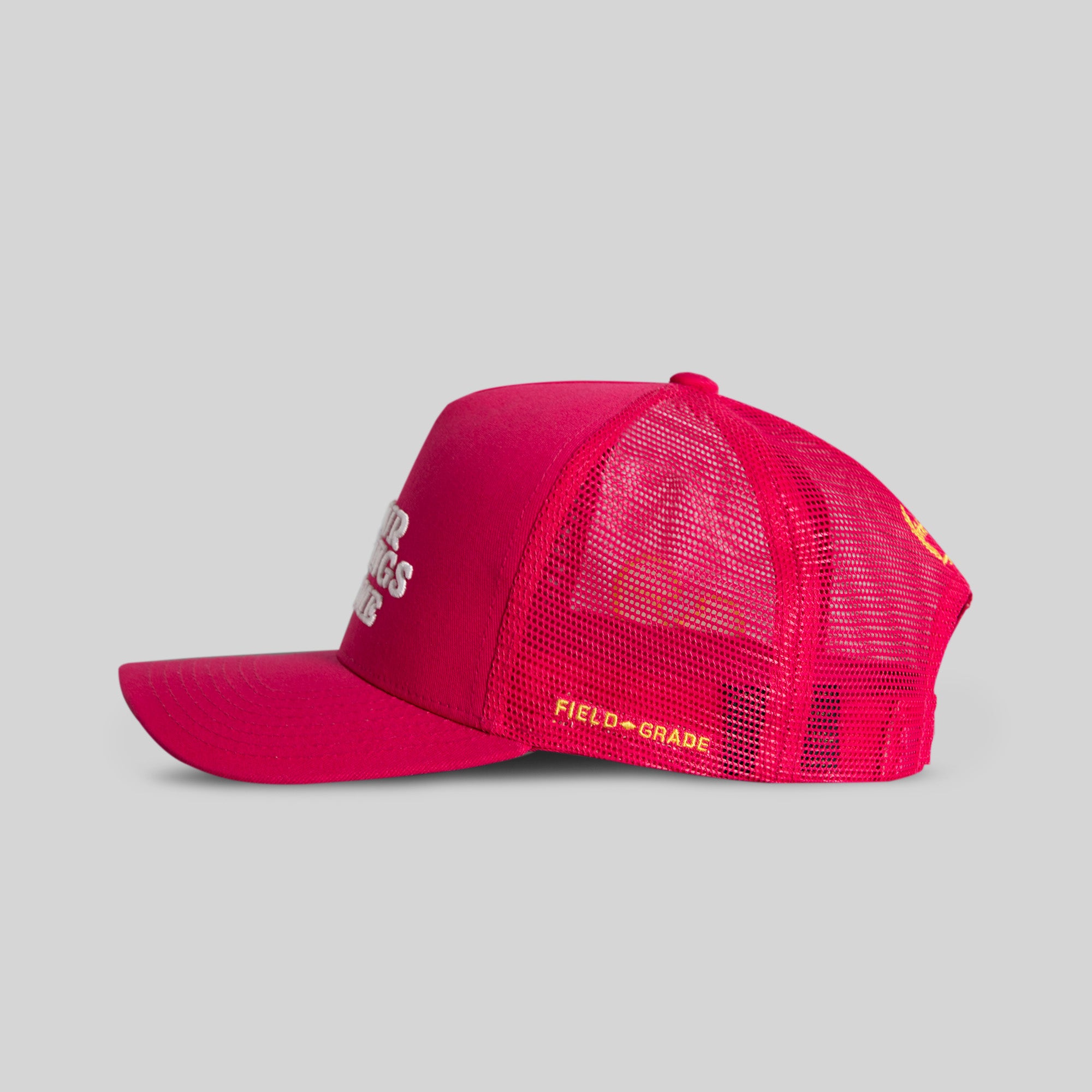 LEAVE YOUR FEELINGS NEON PINK TWILL MESH TRUCKER