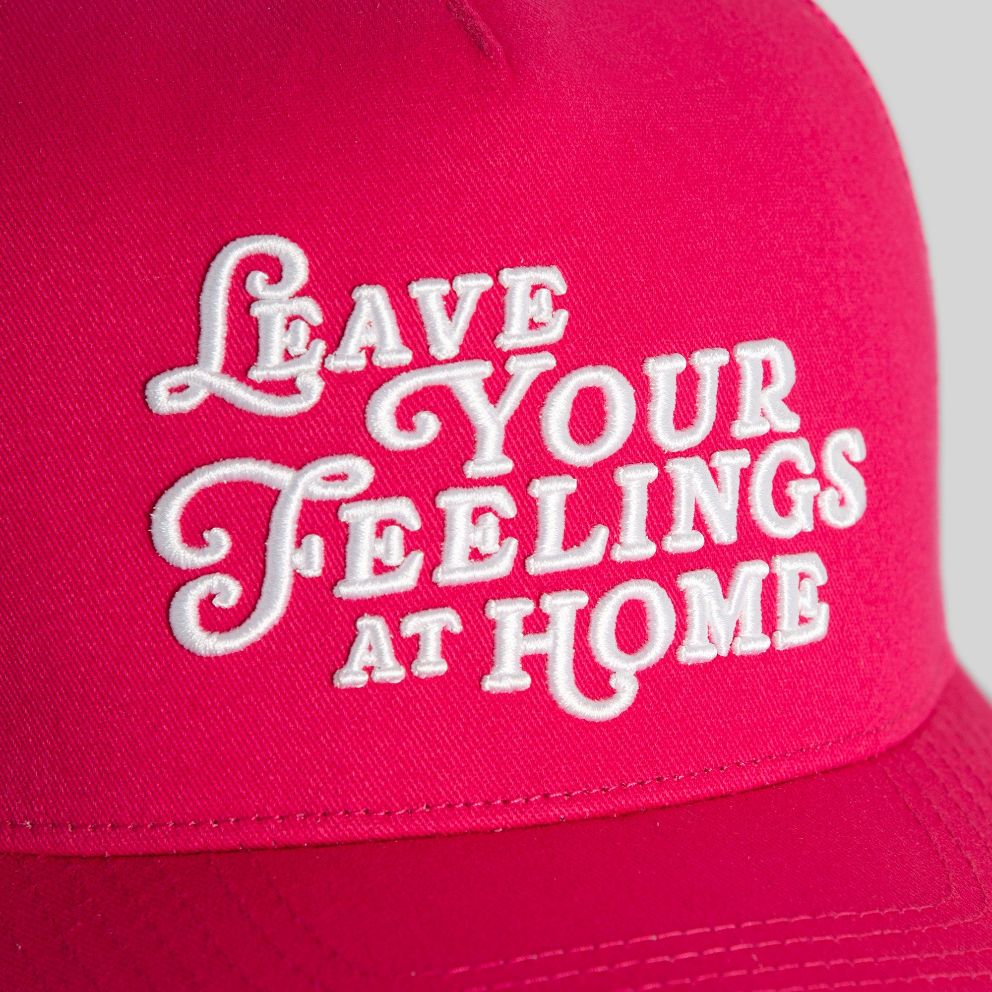LEAVE YOUR FEELINGS NEON PINK TWILL MESH TRUCKER